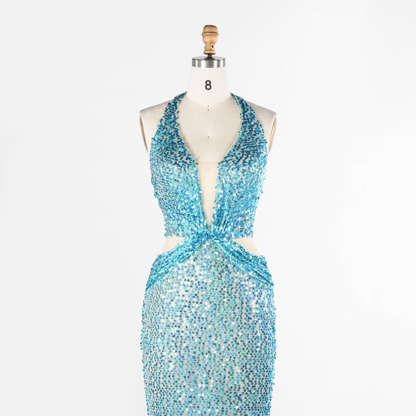 Aqua Blue Sequin Halter Evening Dress with Deep V and Waist Cutouts ST026 Sheer Fairy