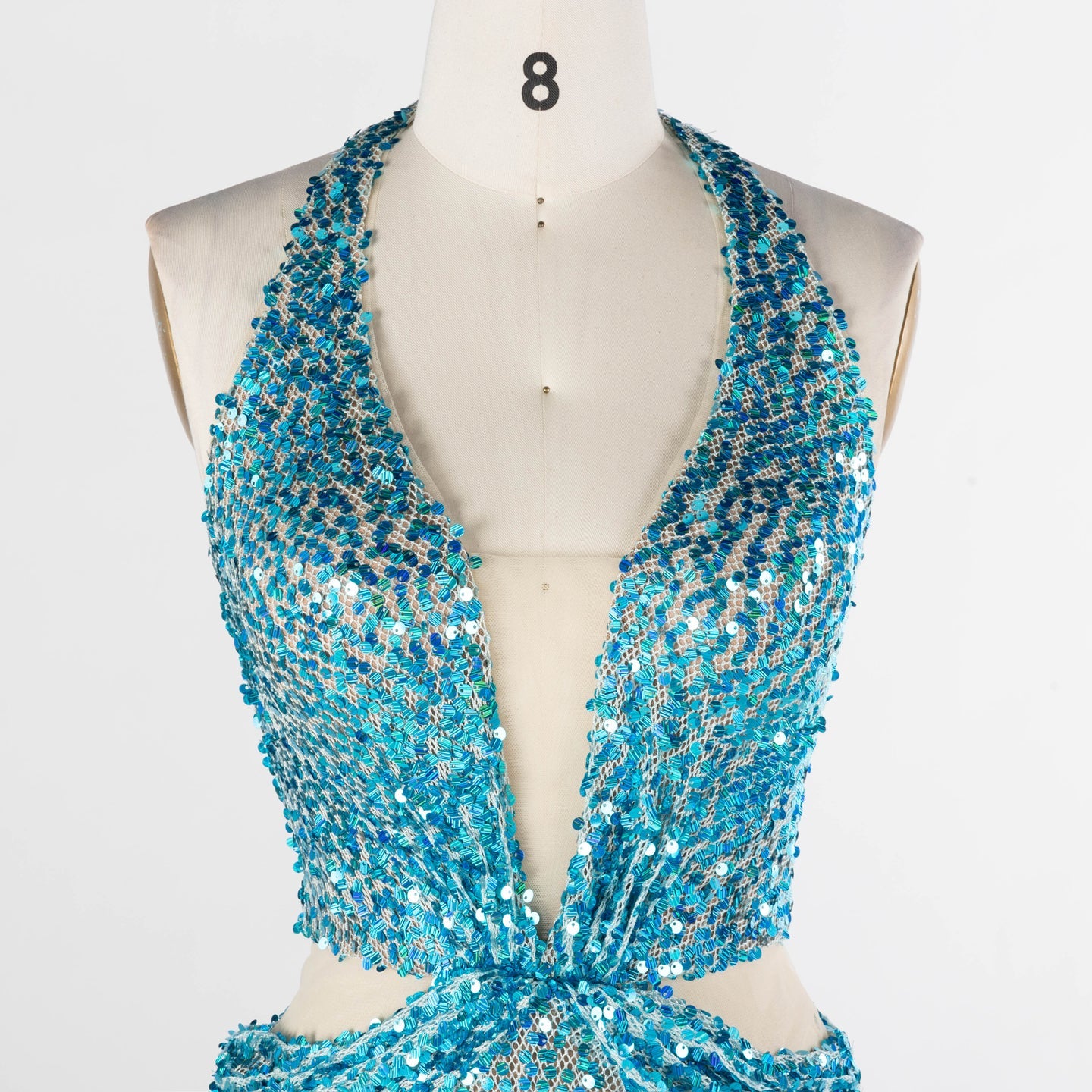 Aqua Blue Sequin Halter Evening Dress with Deep V and Waist Cutouts ST026 Sheer Fairy