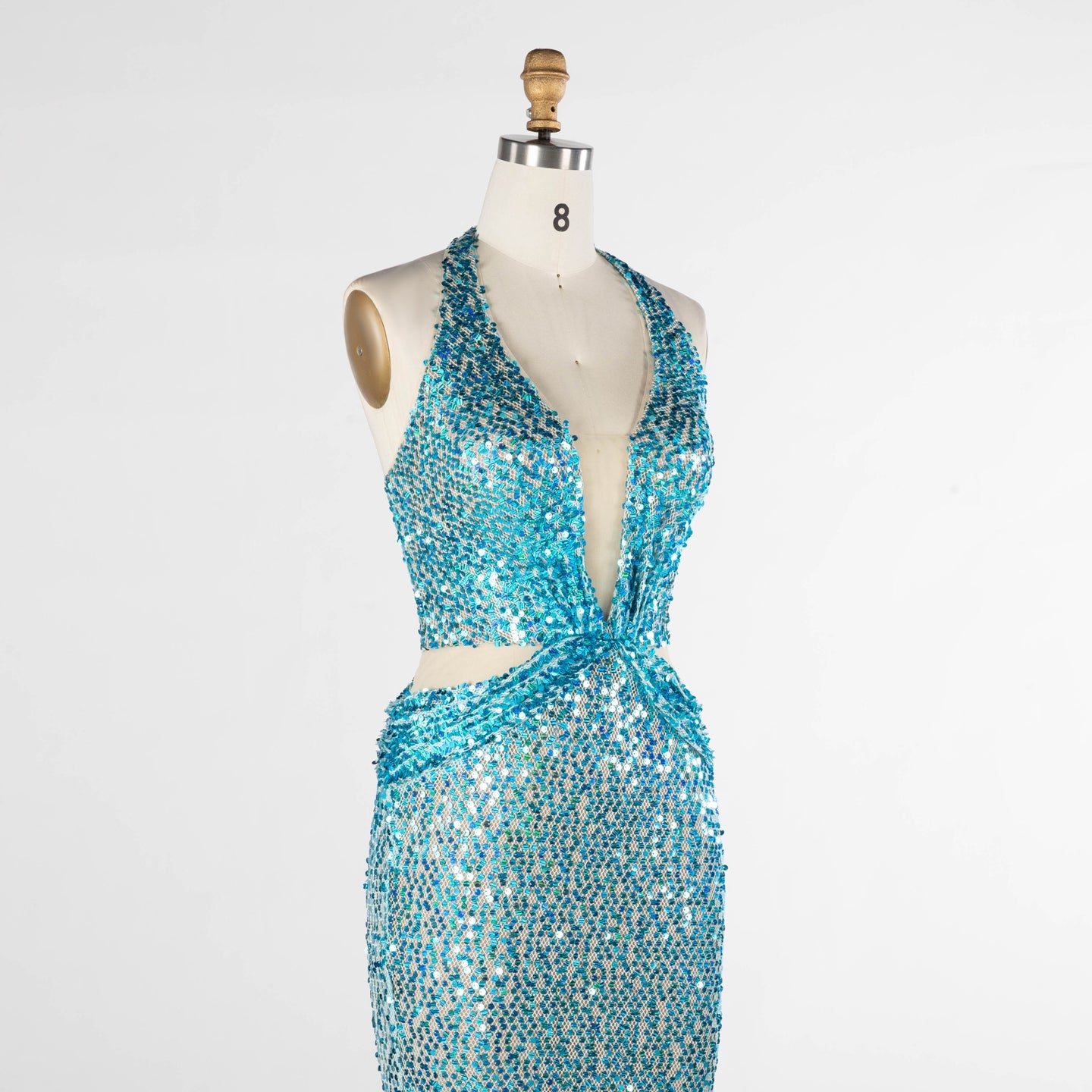 Aqua Blue Sequin Halter Evening Dress with Deep V and Waist Cutouts ST026 Sheer Fairy