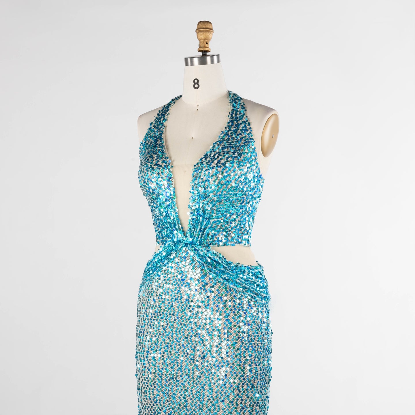 Aqua Blue Sequin Halter Evening Dress with Deep V and Waist Cutouts ST026 Sheer Fairy