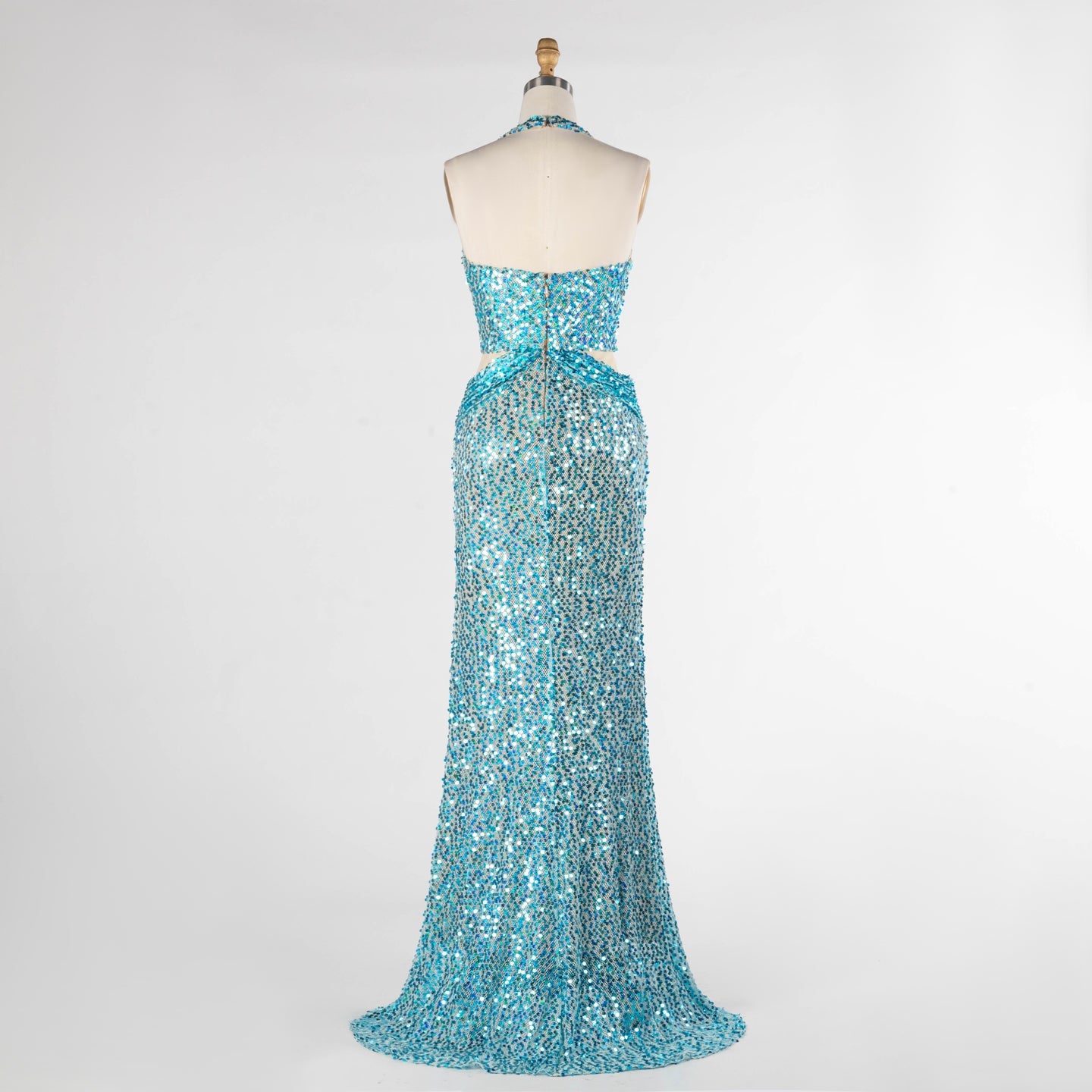 Aqua Blue Sequin Halter Evening Dress with Deep V and Waist Cutouts ST026 Sheer Fairy