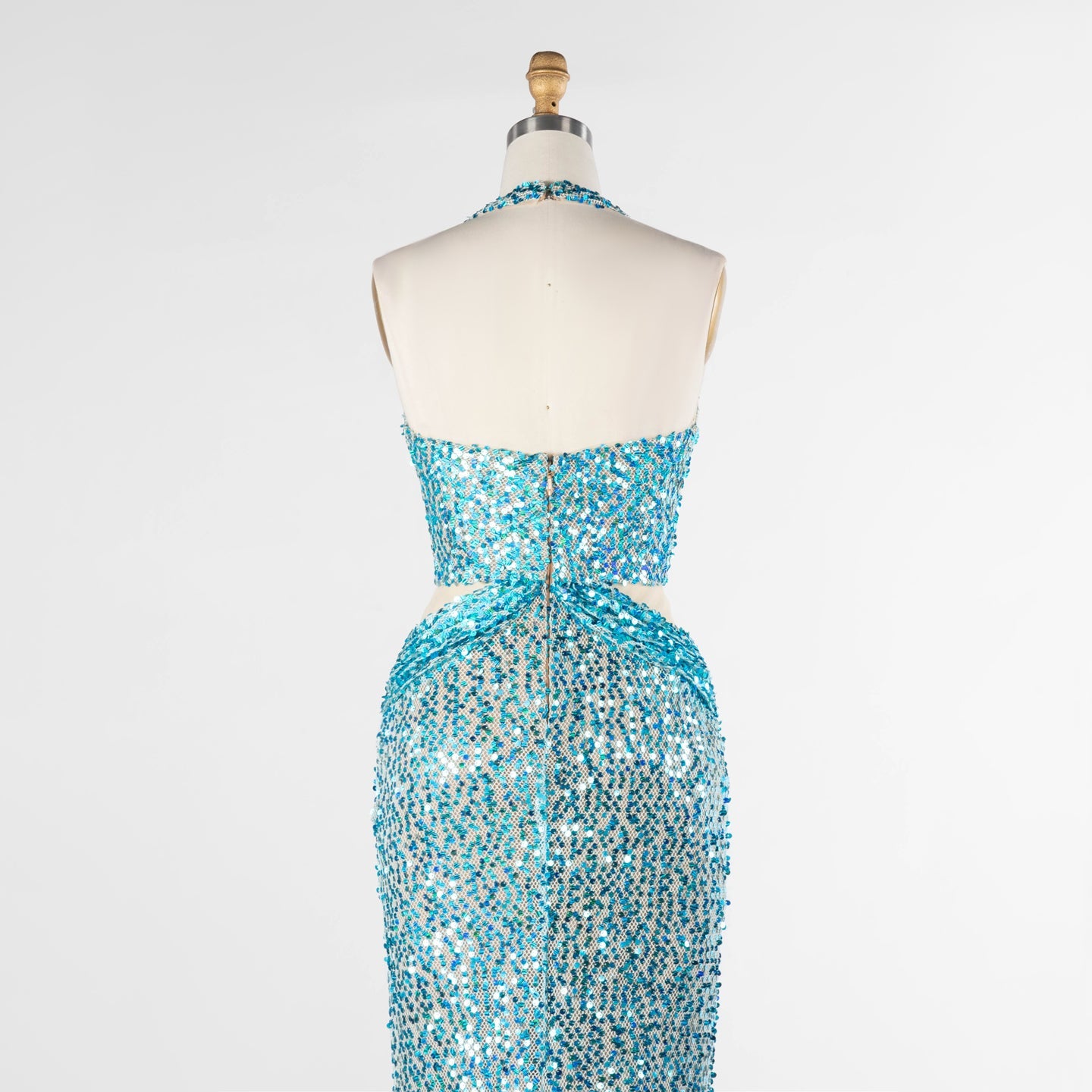 Aqua Blue Sequin Halter Evening Dress with Deep V and Waist Cutouts ST026 Sheer Fairy