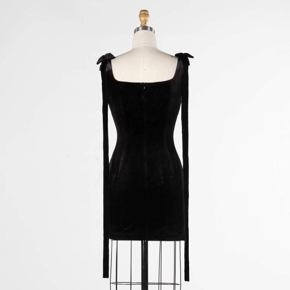 Black Crystal Embellished Velvet Mini Evening Dress with Ribbon Tie Straps ST027 Sheer Fairy