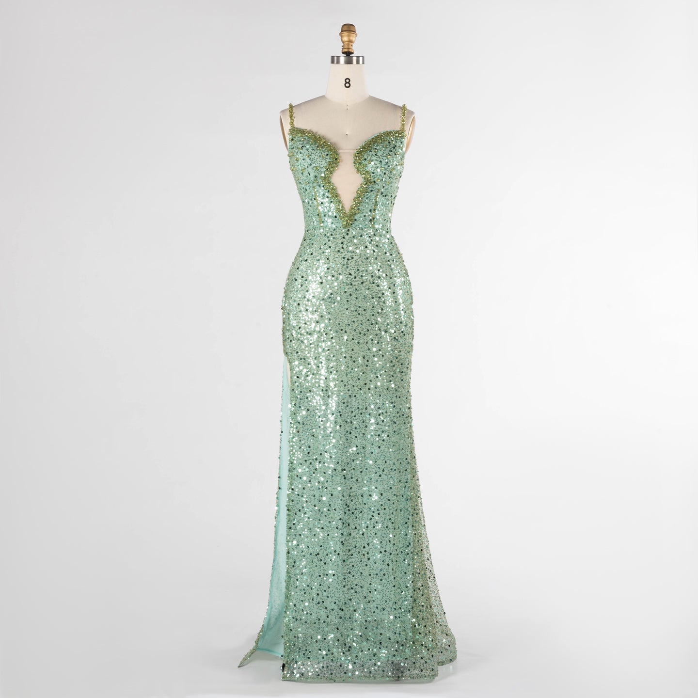 Green Plunging Neckline Evening Dress Sequin Spaghetti Strap Slit Gown ST029 Sheer Fairy