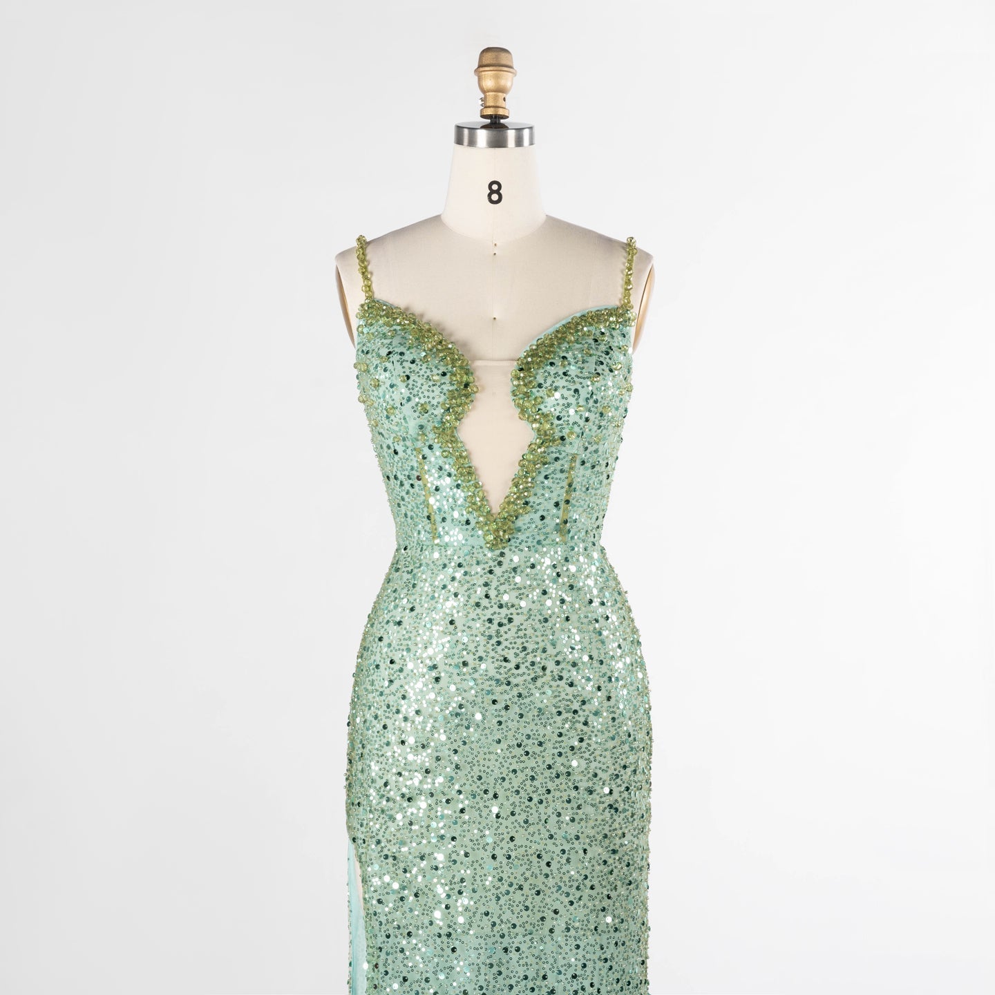 Green Plunging Neckline Evening Dress Sequin Spaghetti Strap Slit Gown ST029 Sheer Fairy