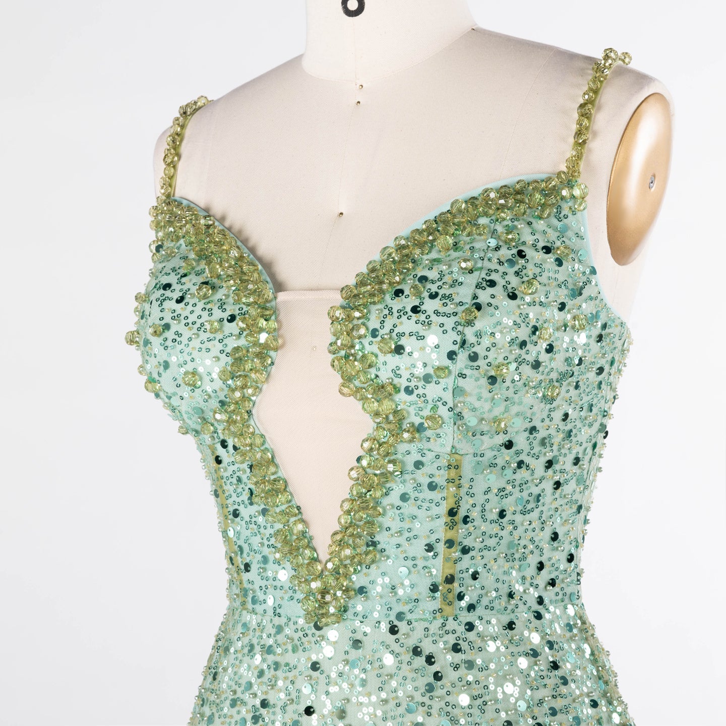 Green Plunging Neckline Evening Dress Sequin Spaghetti Strap Slit Gown ST029 Sheer Fairy