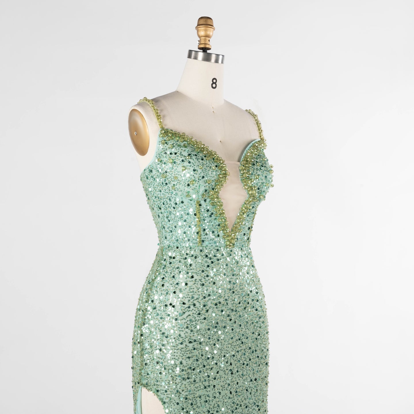 Green Plunging Neckline Evening Dress Sequin Spaghetti Strap Slit Gown ST029 Sheer Fairy
