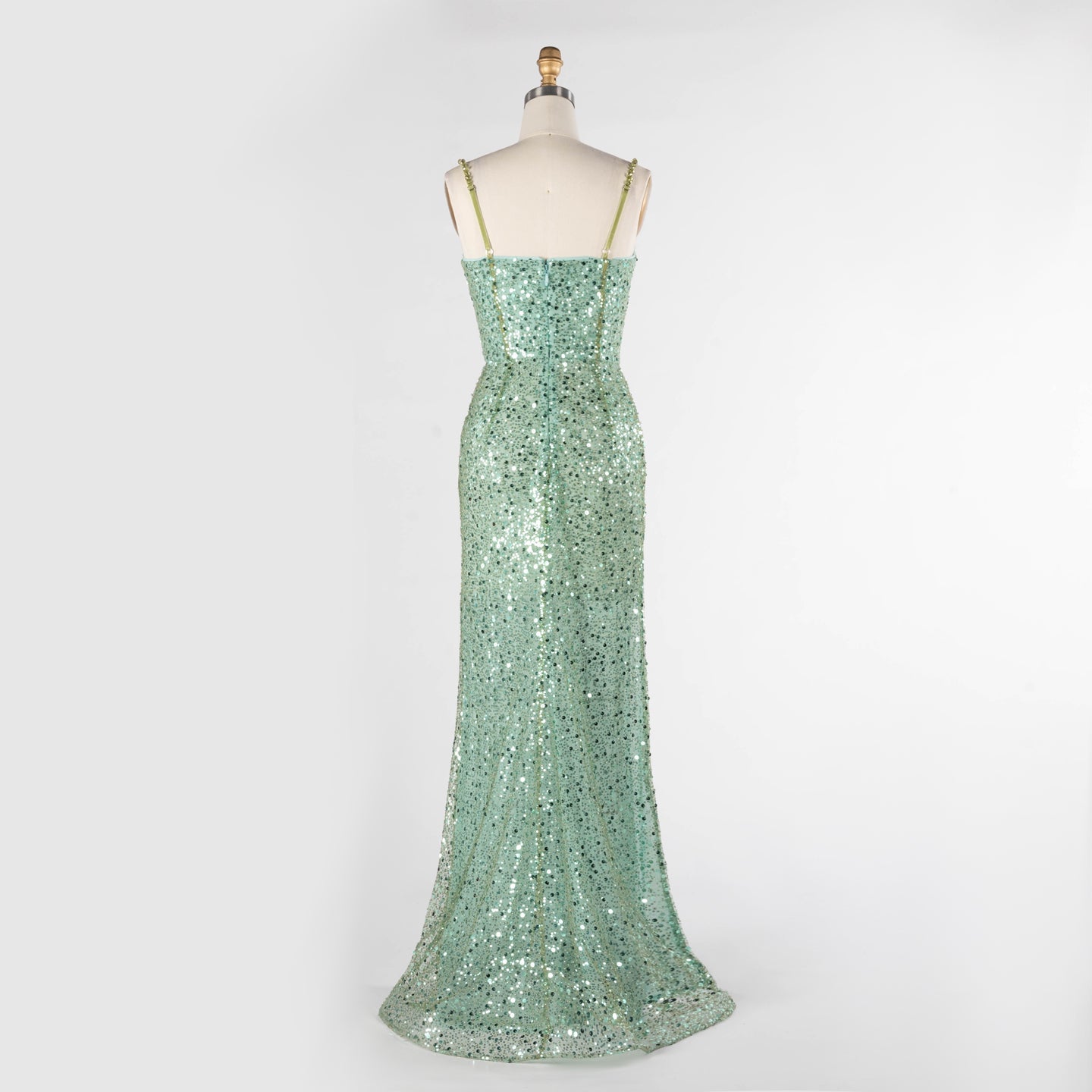 Green Plunging Neckline Evening Dress Sequin Spaghetti Strap Slit Gown ST029 Sheer Fairy