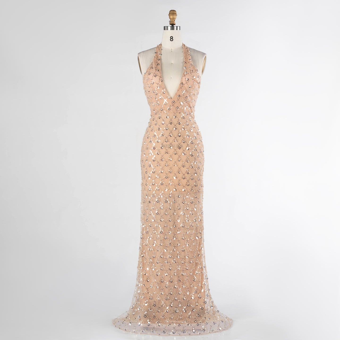 Champagne Sequin Halter Neck Evening Dress with Deep V Plunge ST028 Sheer Fairy