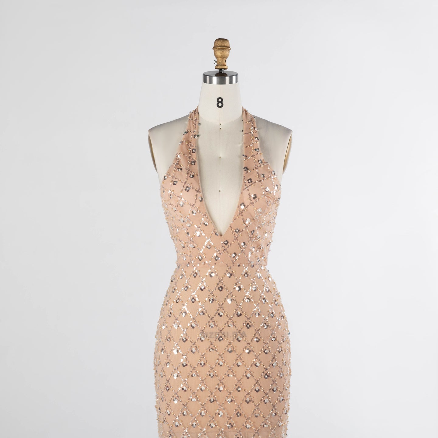 Champagne Sequin Halter Neck Evening Dress with Deep V Plunge ST028 Sheer Fairy