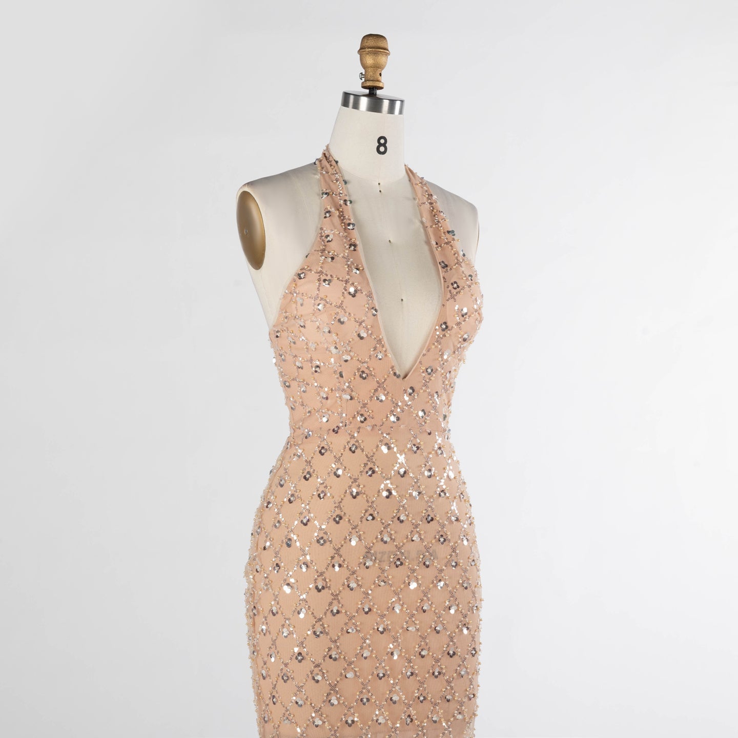 Champagne Sequin Halter Neck Evening Dress with Deep V Plunge ST028 Sheer Fairy