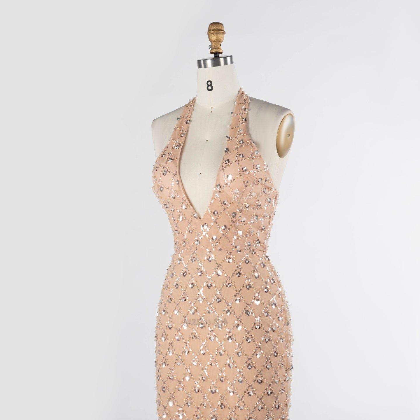 Champagne Sequin Halter Neck Evening Dress with Deep V Plunge ST028 Sheer Fairy