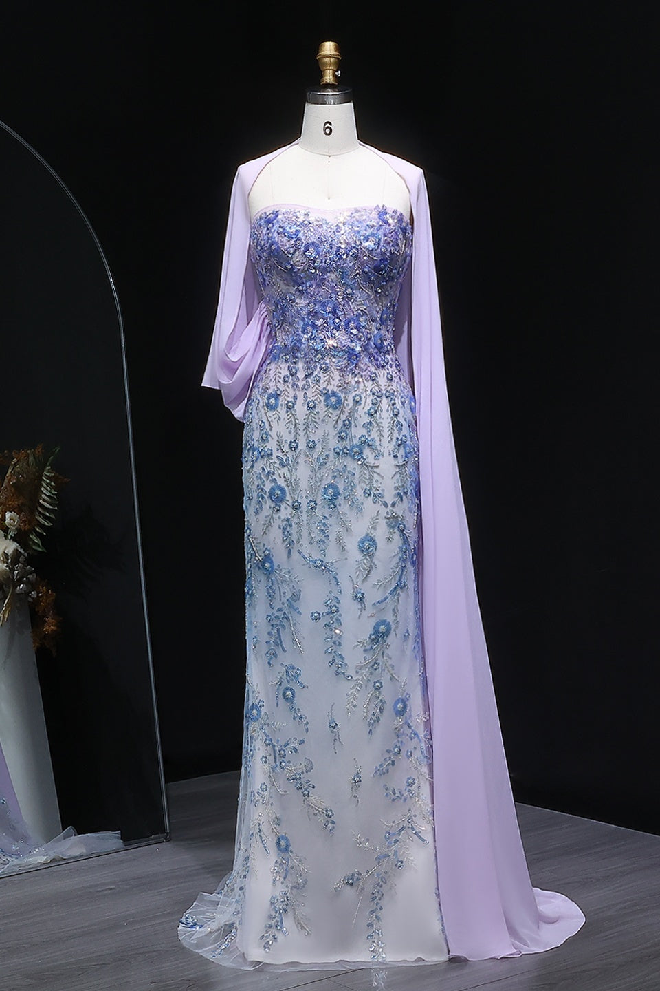 Lilac Sequin Lace Mermaid Sweetheart Evening Dress with Scarf SS641 Sheer Fairy