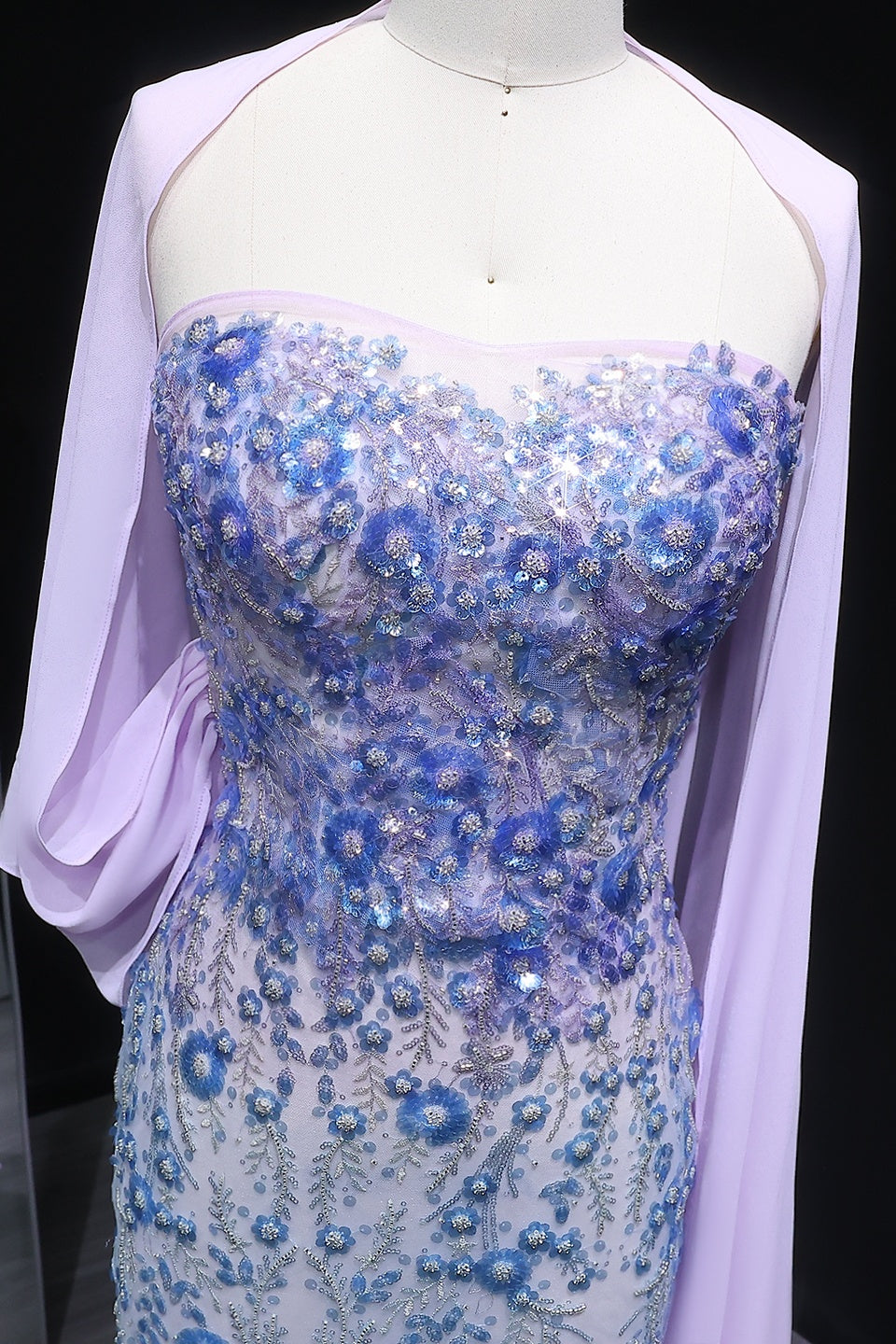 Lilac Sequin Lace Mermaid Sweetheart Evening Dress with Scarf SS641 Sheer Fairy