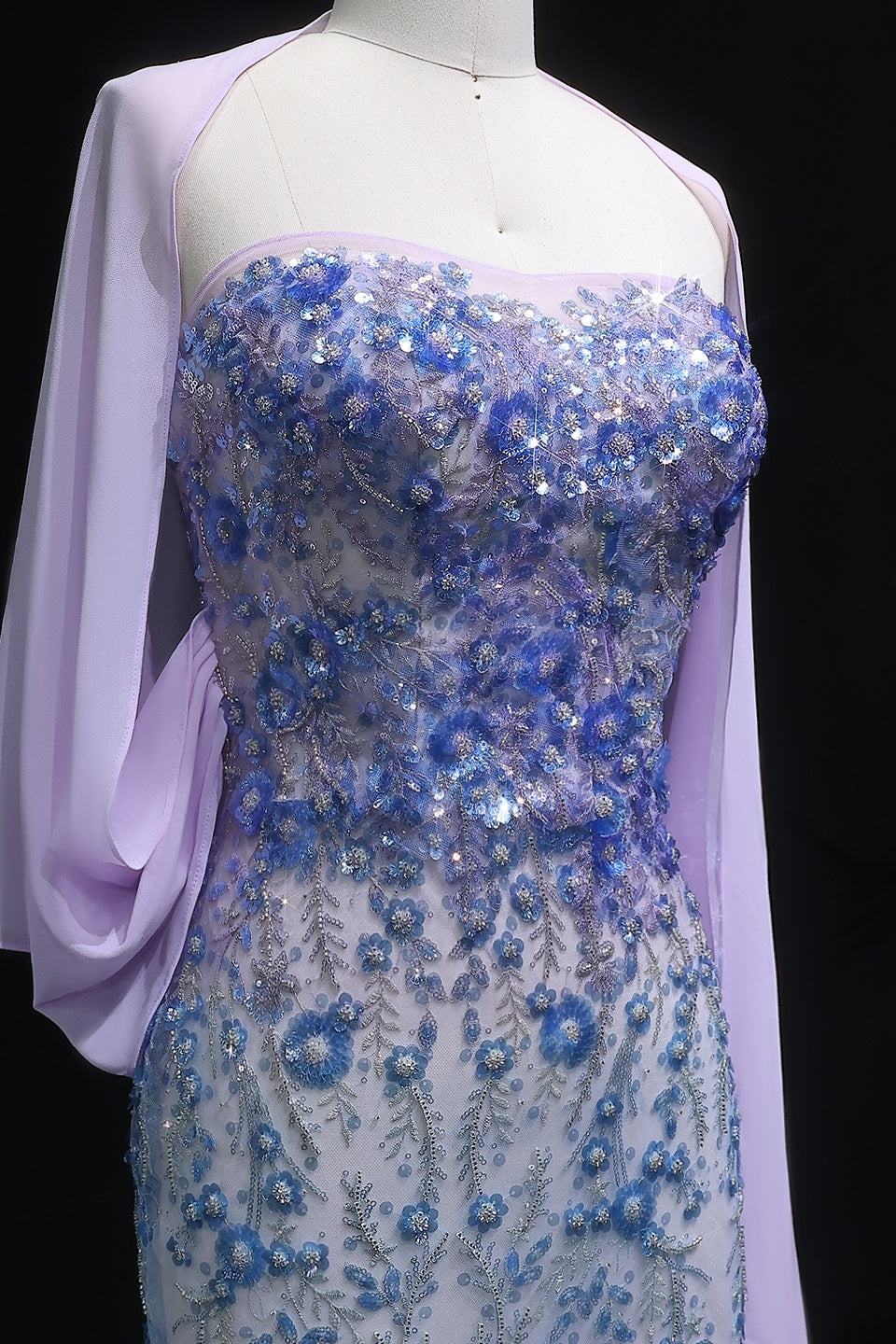 Lilac Sequin Lace Mermaid Sweetheart Evening Dress with Scarf SS641 Sheer Fairy