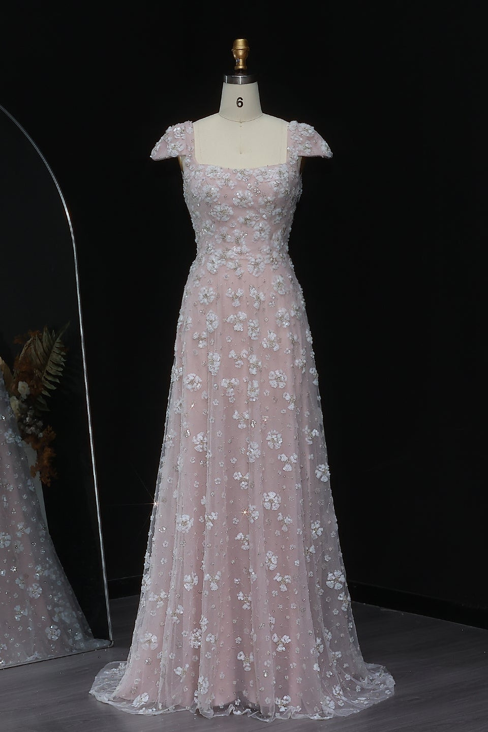 Simplicity Pink 3D Floral Lace Cap Sleeve A-Line Evening Dress SS602