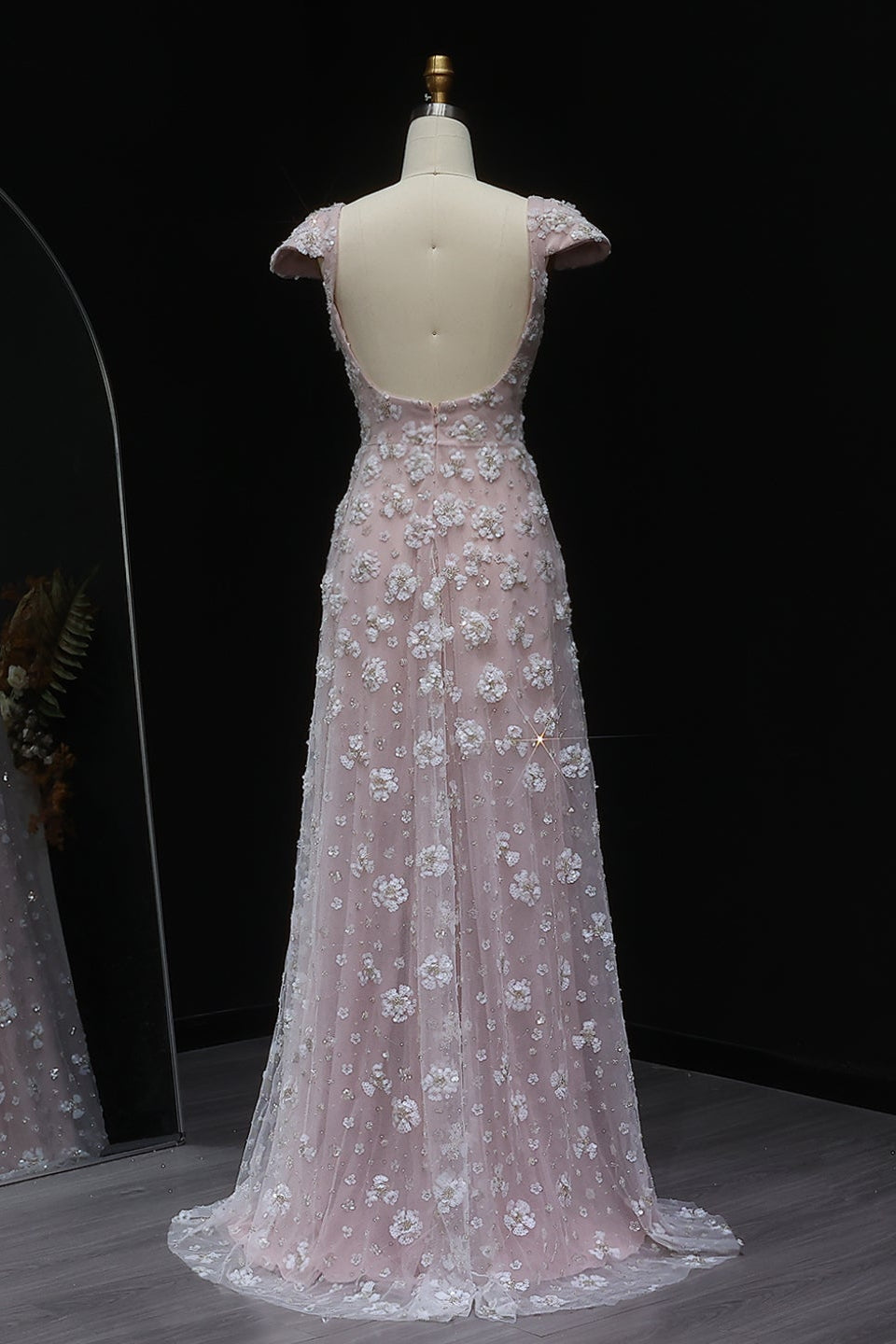 Simplicity Pink 3D Floral Lace Cap Sleeve A-Line Evening Dress SS602