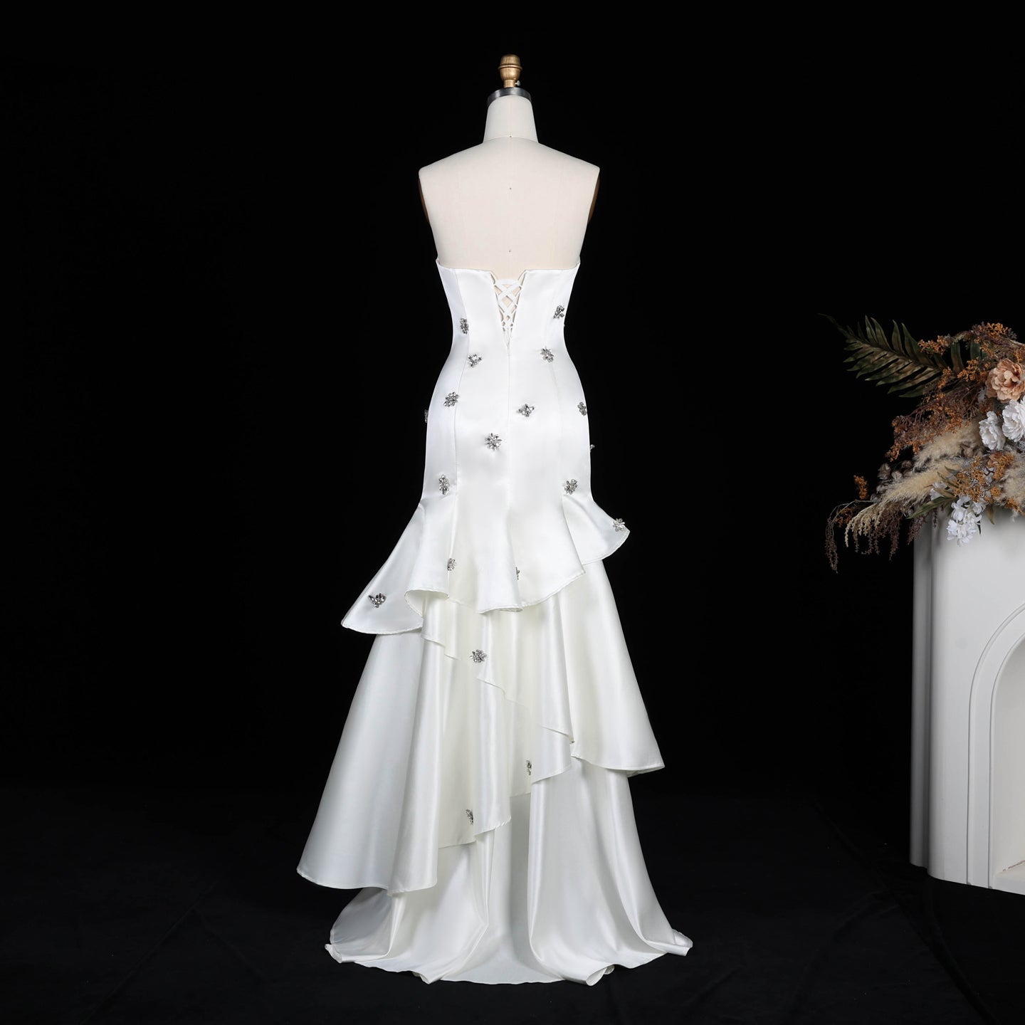 Ivory Satin Mermaid Evening Dress with Beaded Embroidery SF587 Sheer Fairy