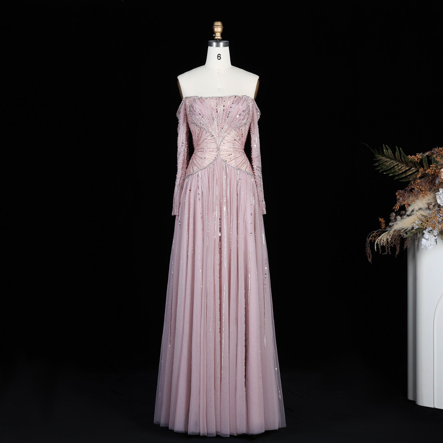 Sexy Off the Shoulder Luxury Beaded Beige Evening Dress with Long Sleeve SS507 Sheer Fairy