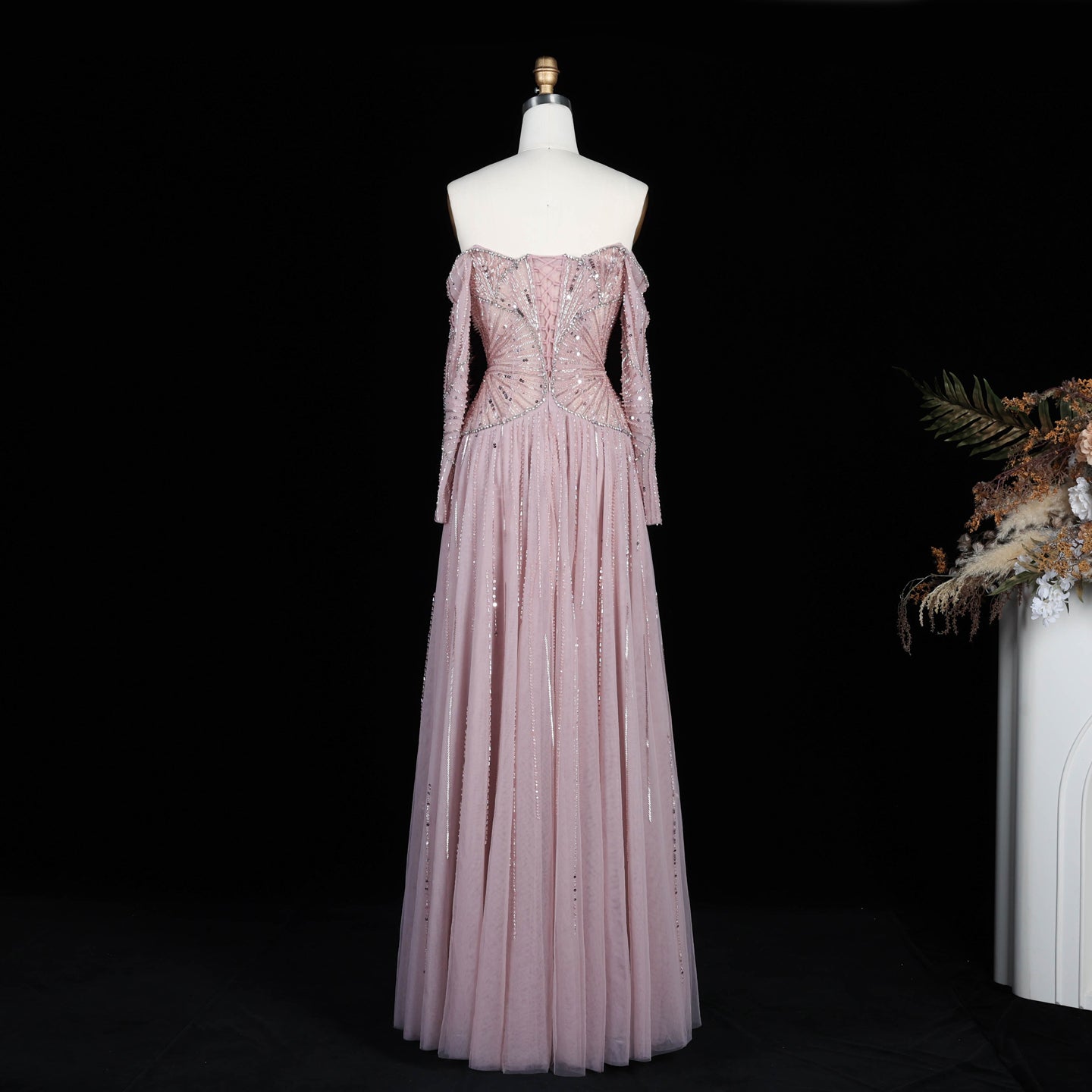 Sexy Off the Shoulder Luxury Beaded Beige Evening Dress with Long Sleeve SS507 Sheer Fairy