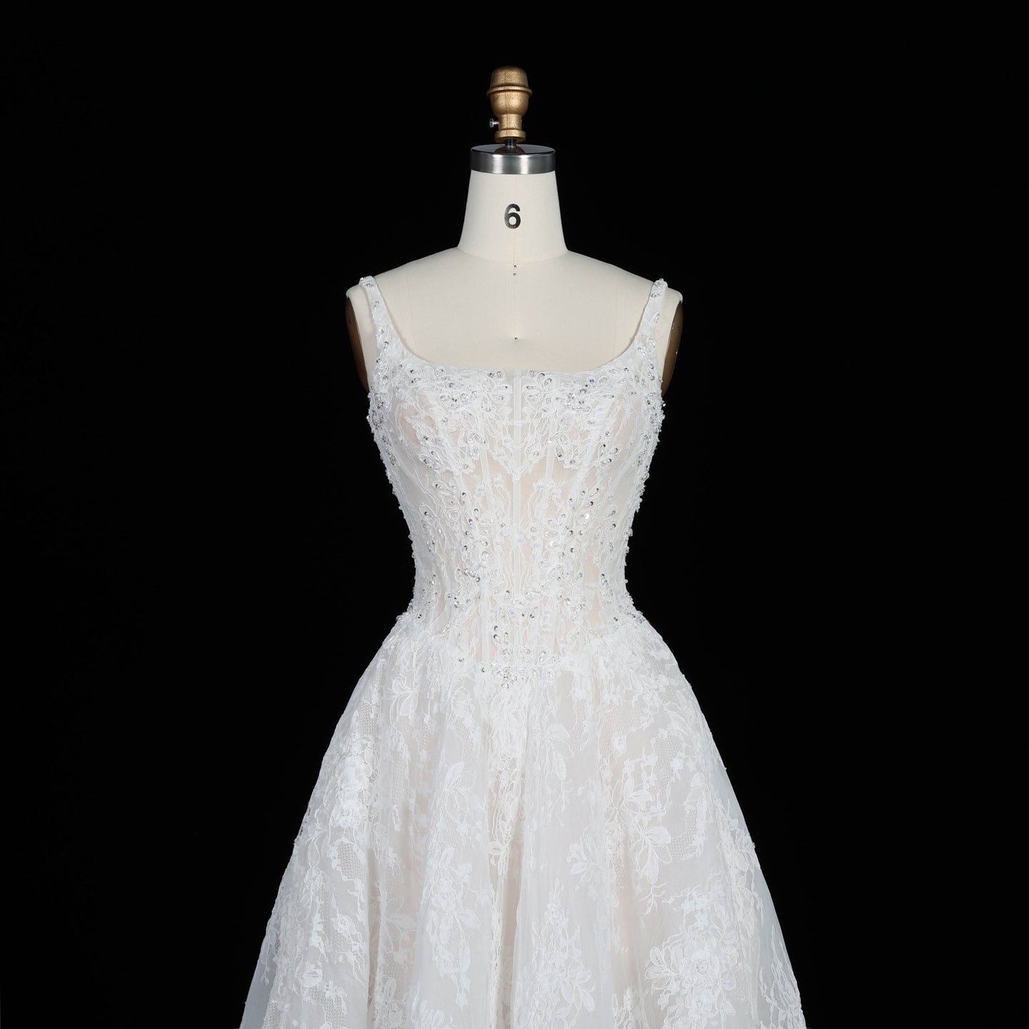 White Lace A Line Wedding Dress Square Neckline with Beaded Corset and Chapel Train SW612 Sheer Fairy