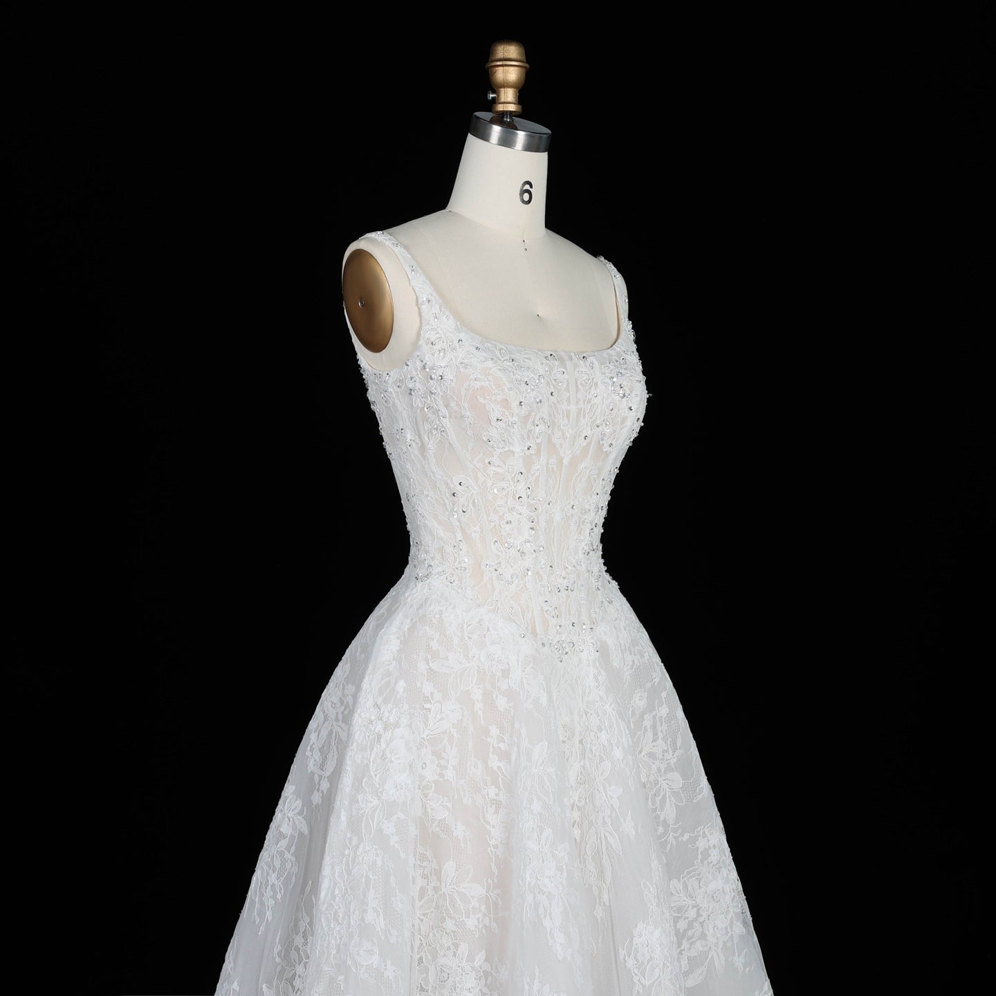 White Lace A Line Wedding Dress Square Neckline with Beaded Corset and Chapel Train SW612 Sheer Fairy