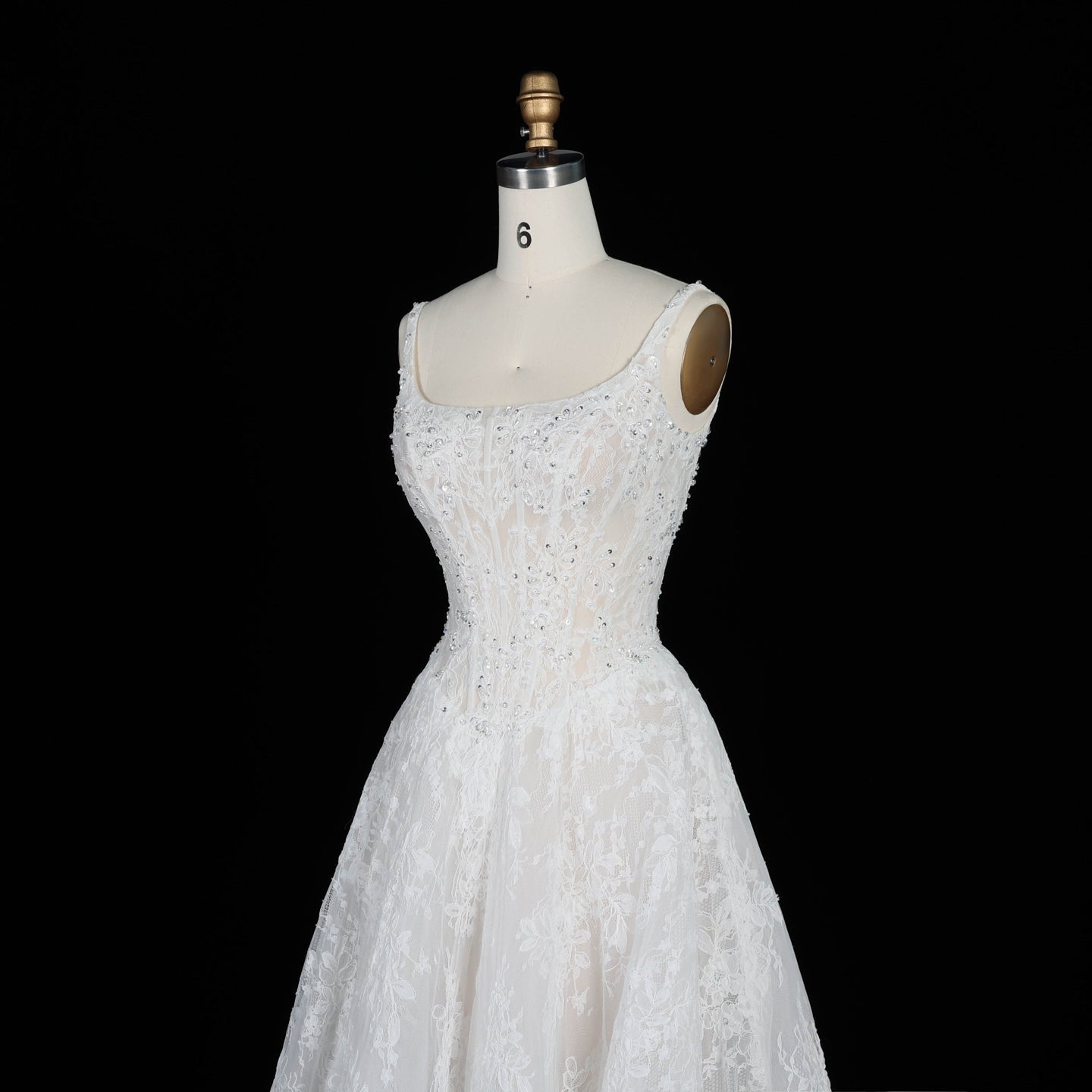 White Lace A Line Wedding Dress Square Neckline with Beaded Corset and Chapel Train SW612 Sheer Fairy