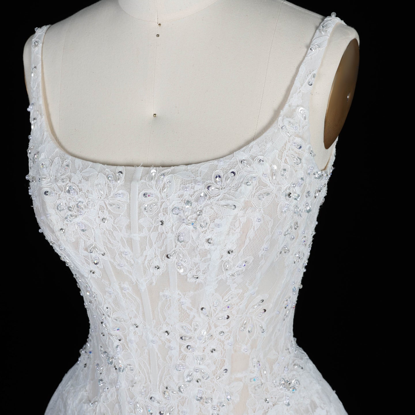 White Lace A Line Wedding Dress Square Neckline with Beaded Corset and Chapel Train SW612 Sheer Fairy