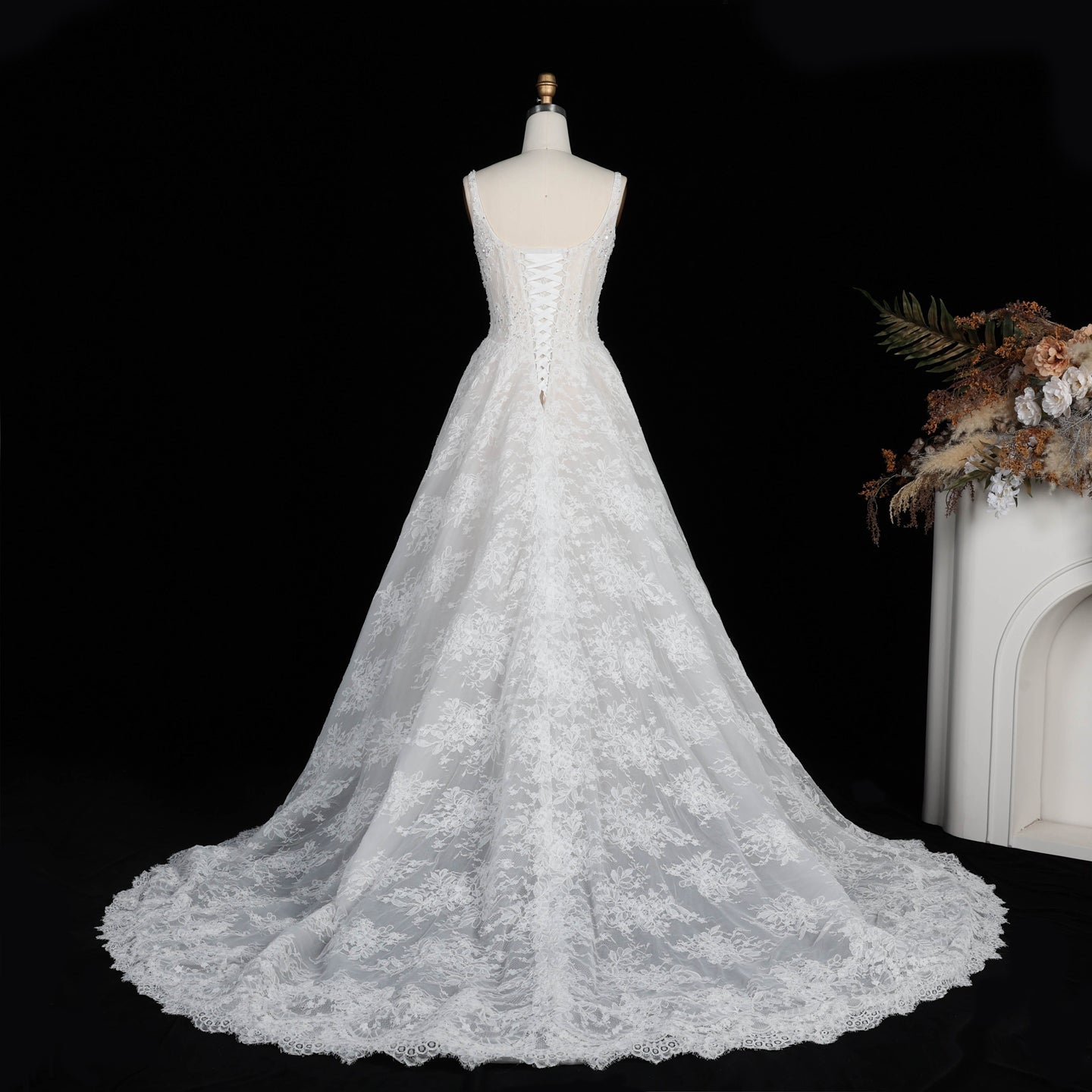 White Lace A Line Wedding Dress Square Neckline with Beaded Corset and Chapel Train SW612 Sheer Fairy