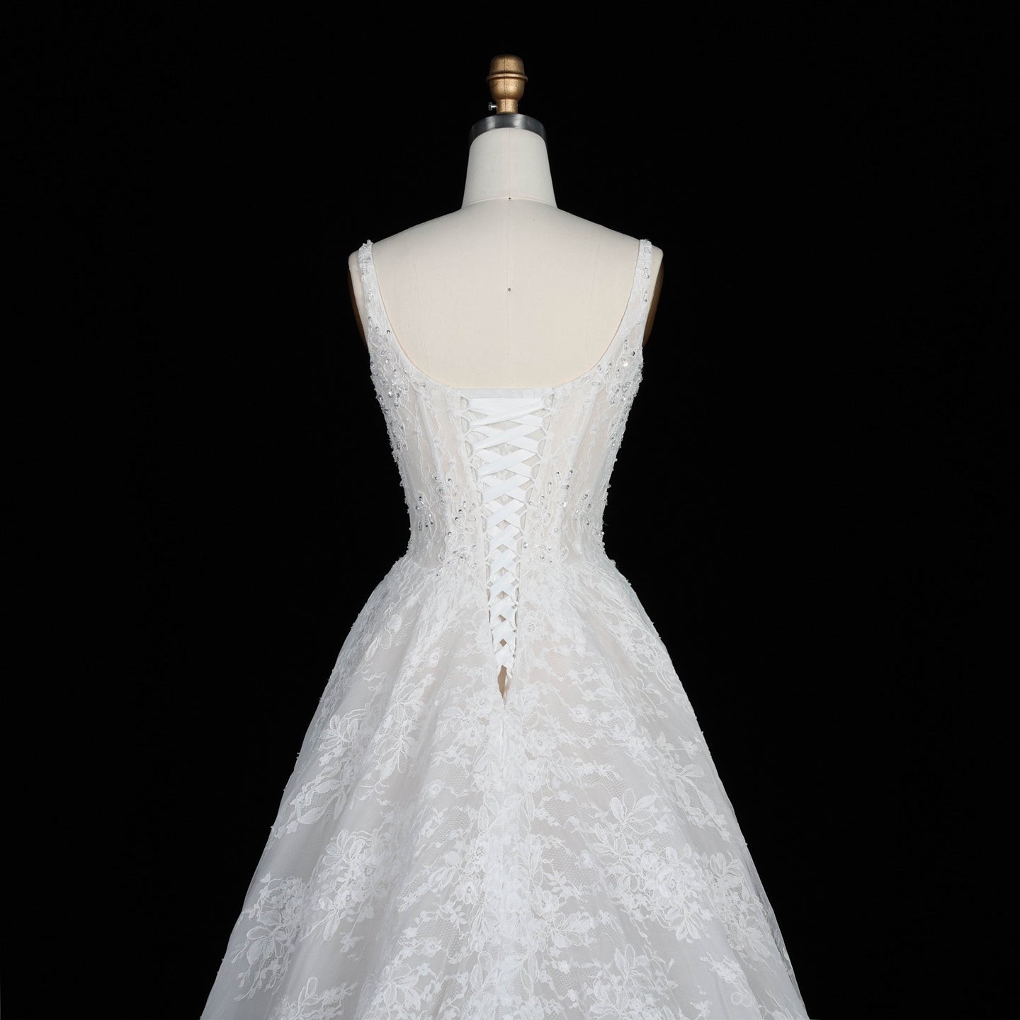 White Lace A Line Wedding Dress Square Neckline with Beaded Corset and Chapel Train SW612 Sheer Fairy