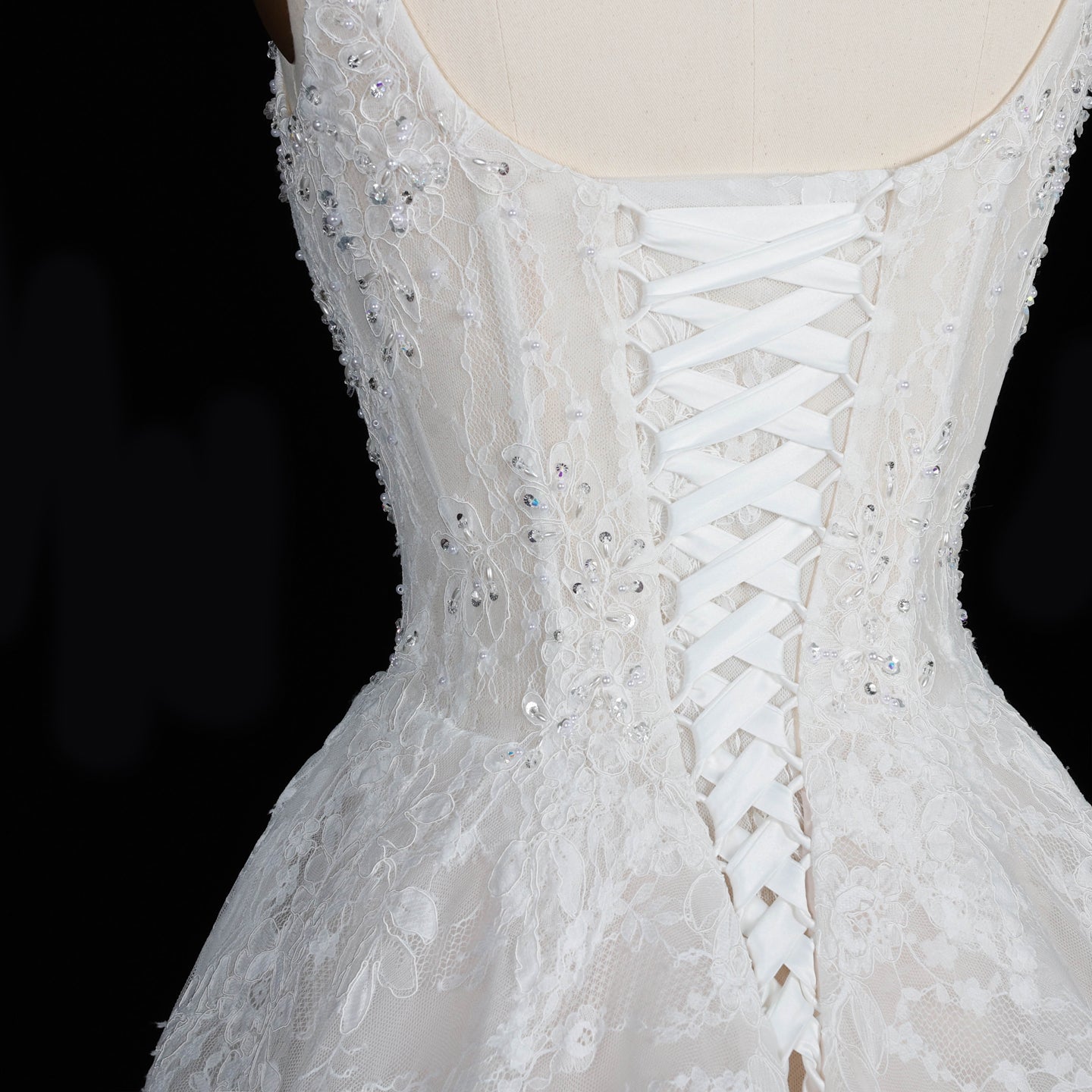 White Lace A Line Wedding Dress Square Neckline with Beaded Corset and Chapel Train SW612 Sheer Fairy