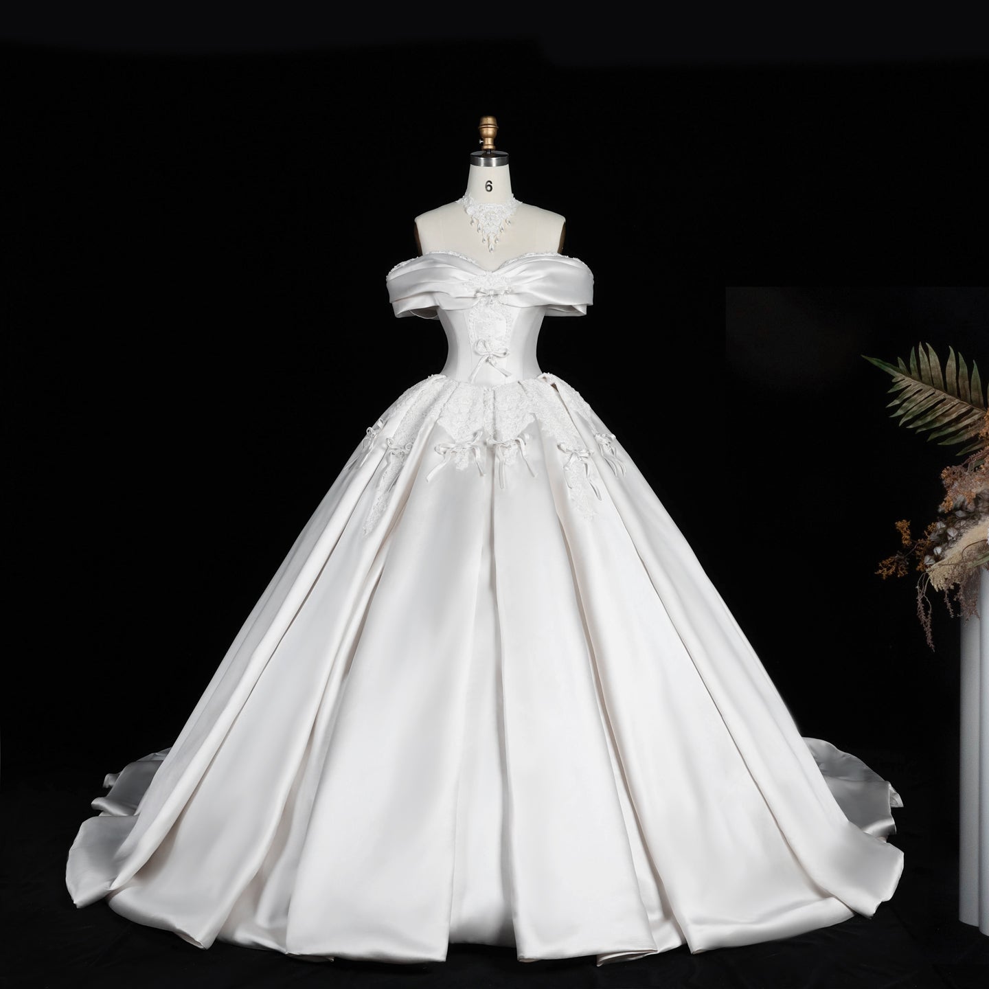 Elegant Ivory Satin Princess Ball Gown Wedding Dress Off the Shoulder with Bow Accent SW675 Sheer Fairy