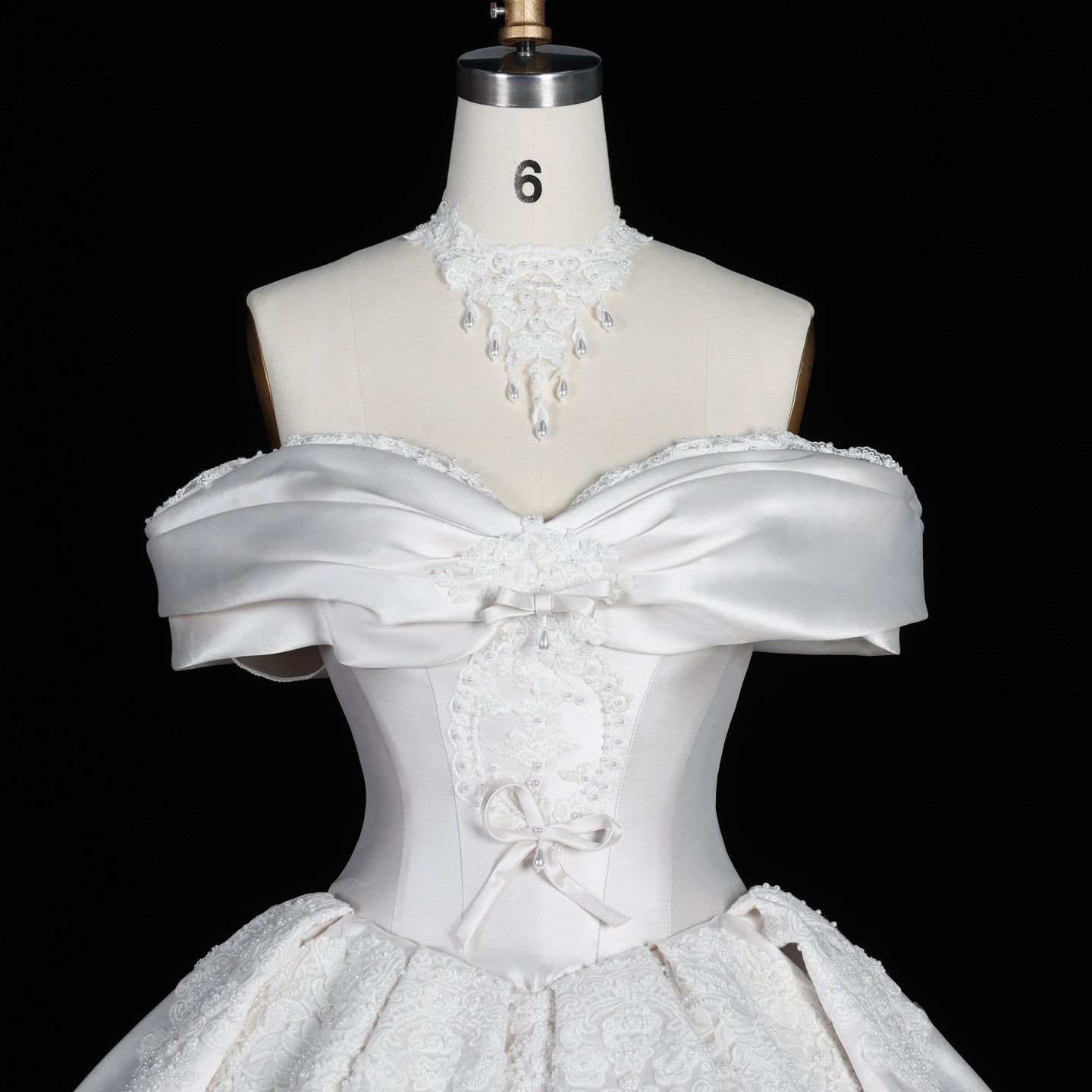 Elegant Ivory Satin Princess Ball Gown Wedding Dress Off the Shoulder with Bow Accent SW675 Sheer Fairy