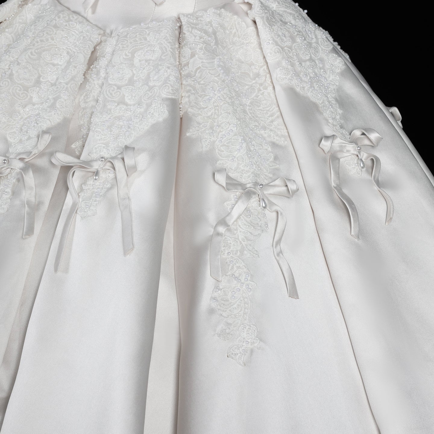 Elegant Ivory Satin Princess Ball Gown Wedding Dress Off the Shoulder with Bow Accent SW675 Sheer Fairy