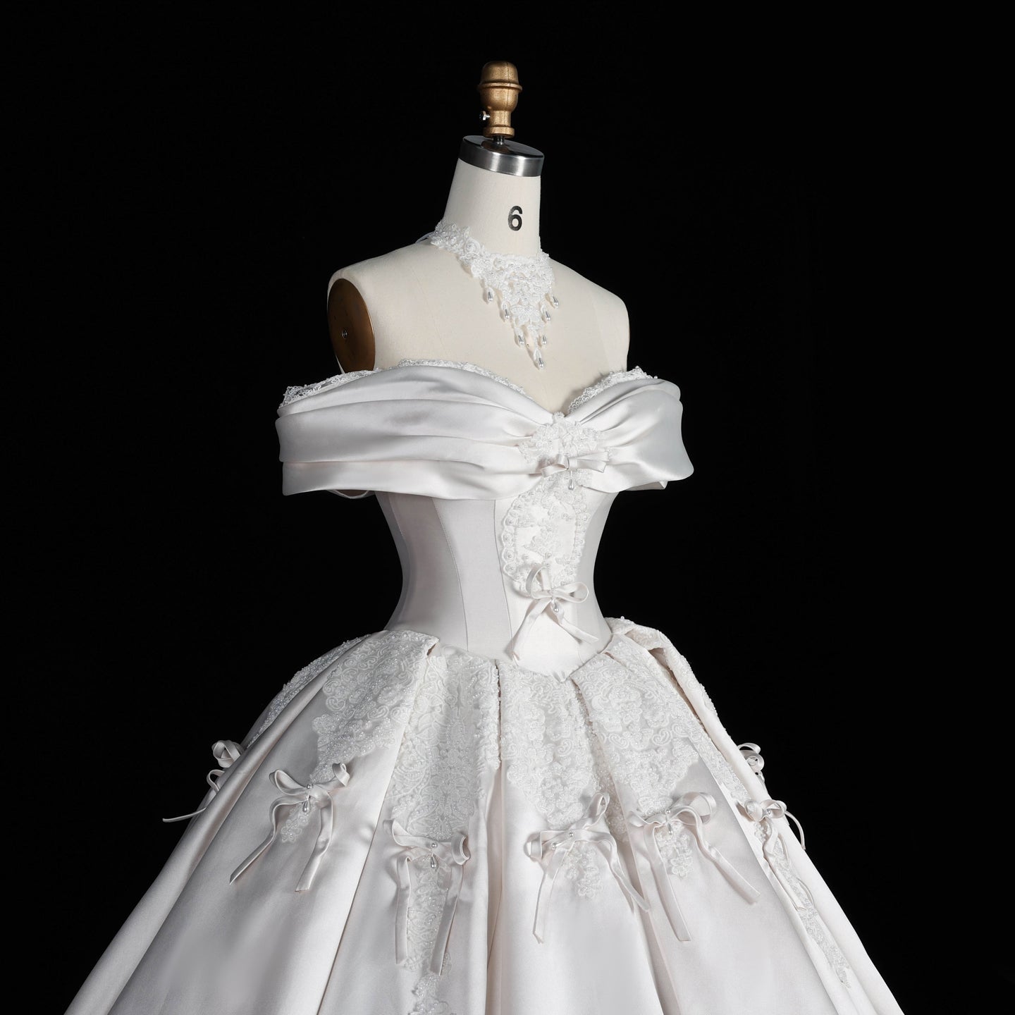 Elegant Ivory Satin Princess Ball Gown Wedding Dress Off the Shoulder with Bow Accent SW675 Sheer Fairy