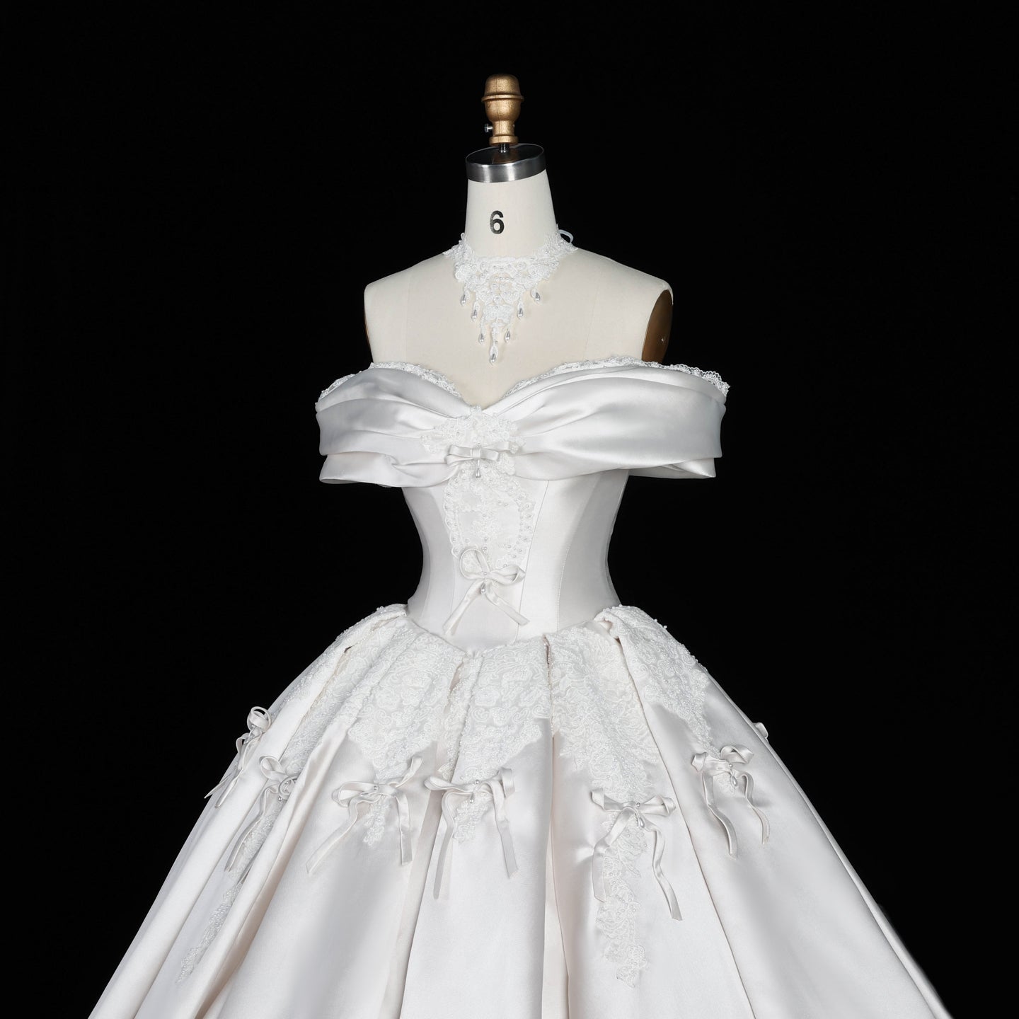 Elegant Ivory Satin Princess Ball Gown Wedding Dress Off the Shoulder with Bow Accent SW675 Sheer Fairy