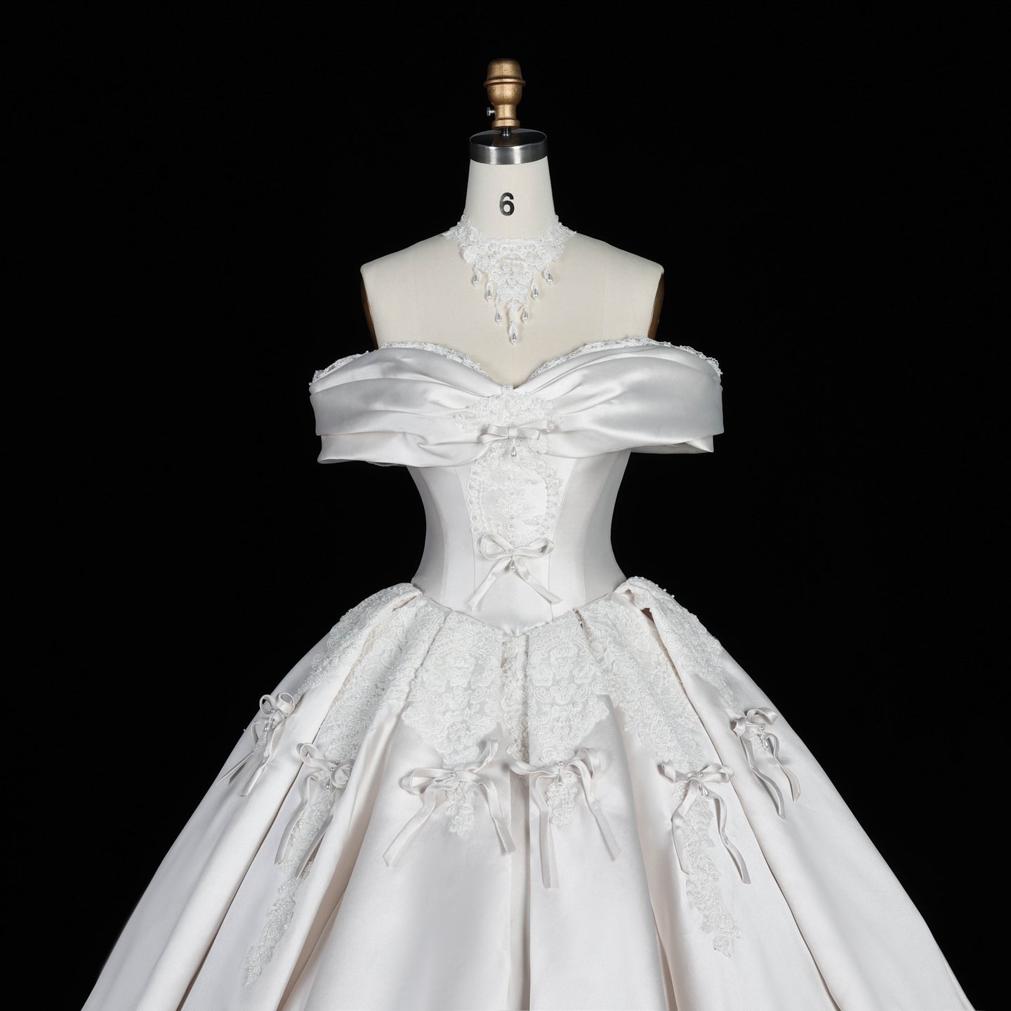 Elegant Ivory Satin Princess Ball Gown Wedding Dress Off the Shoulder with Bow Accent SW675 Sheer Fairy