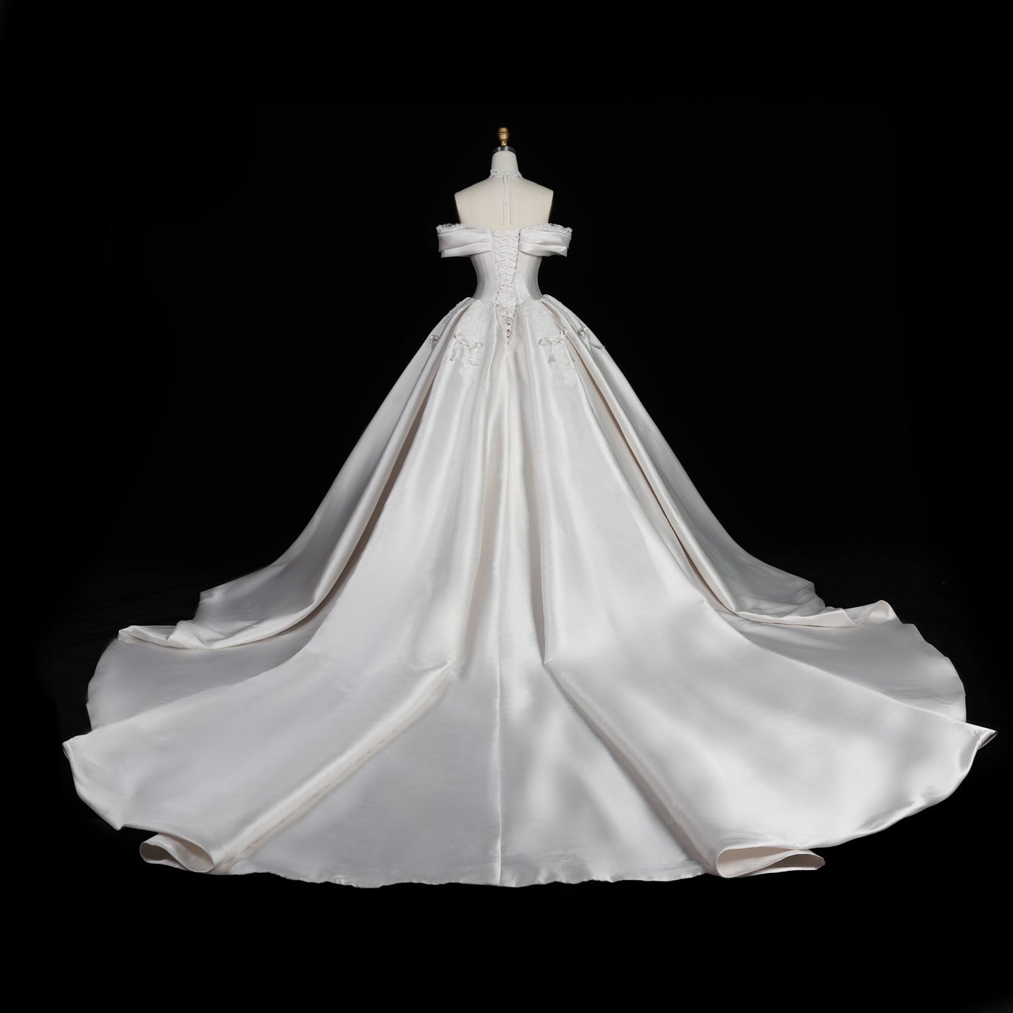 Elegant Ivory Satin Princess Ball Gown Wedding Dress Off the Shoulder with Bow Accent SW675 Sheer Fairy