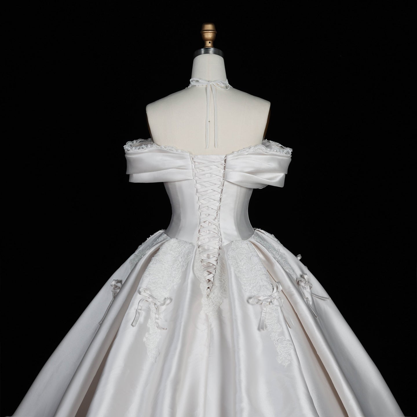 Elegant Ivory Satin Princess Ball Gown Wedding Dress Off the Shoulder with Bow Accent SW675 Sheer Fairy