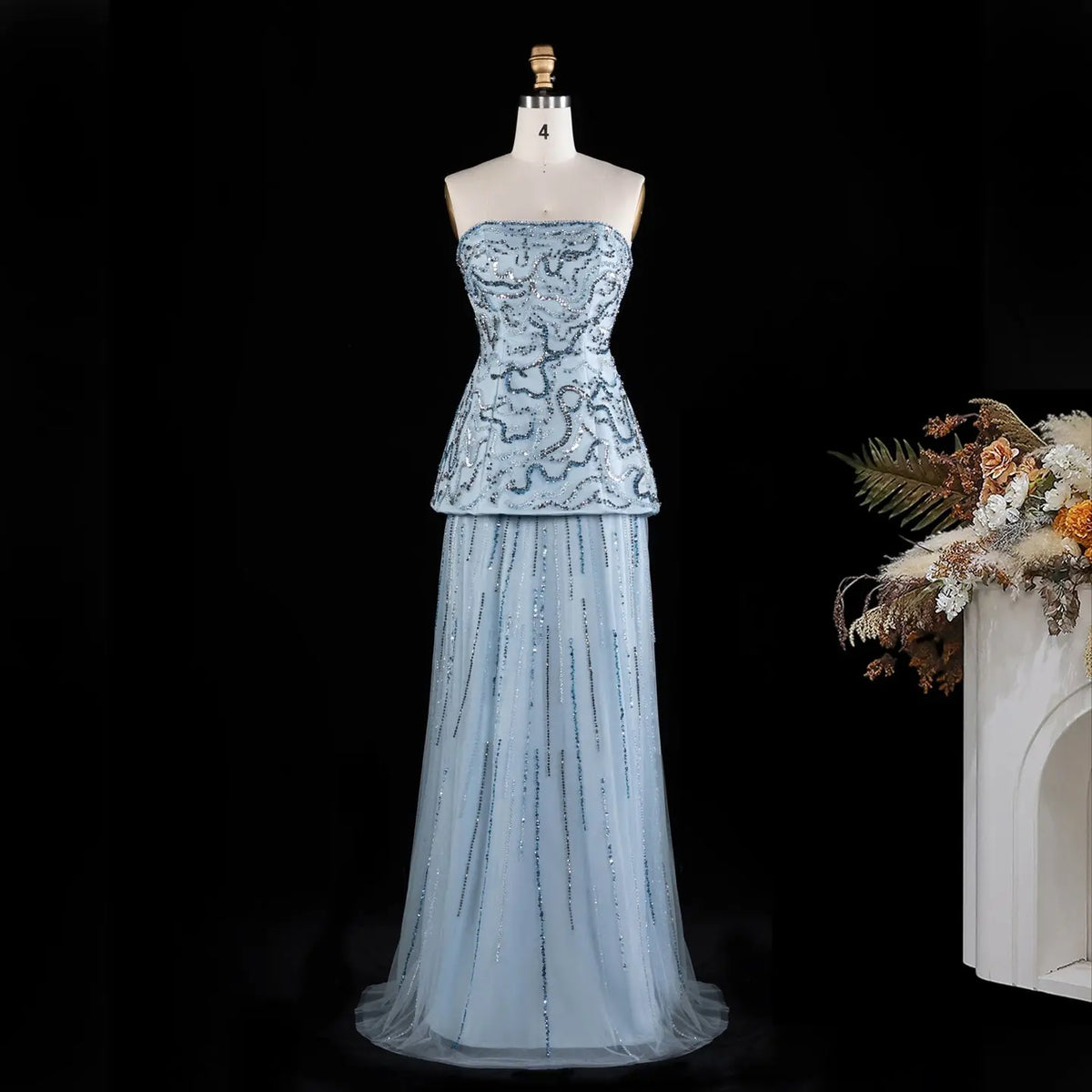 Luxury Two-Piece Peplum Beaded Fringe Evening Dress SS218 Sheer Fairy