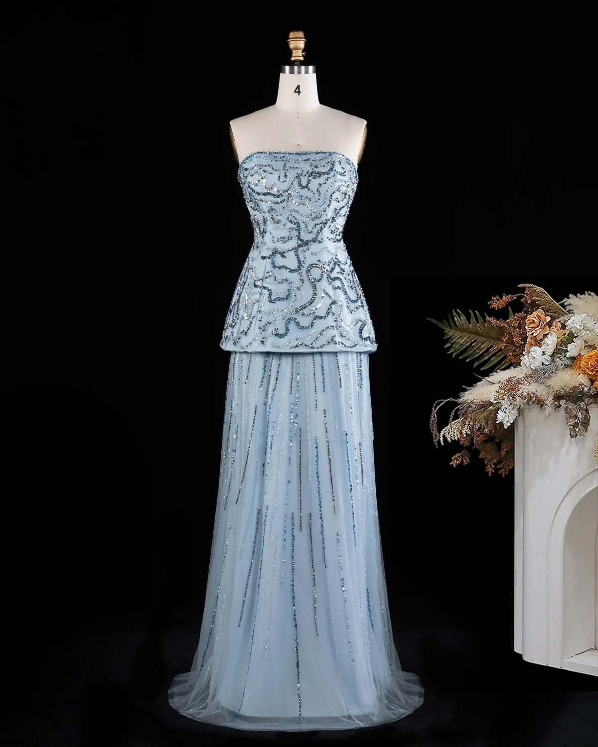 Luxury Two-Piece Peplum Beaded Fringe Evening Dress SS218 Sheer Fairy