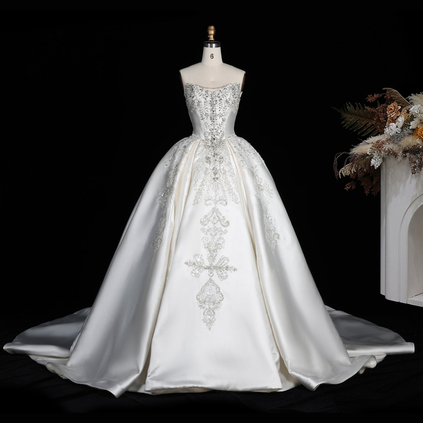 Strapless Ivory Satin Princess Ball Gown Wedding Dress with Heavy Beading and Long Train SW676 Sheer Fairy