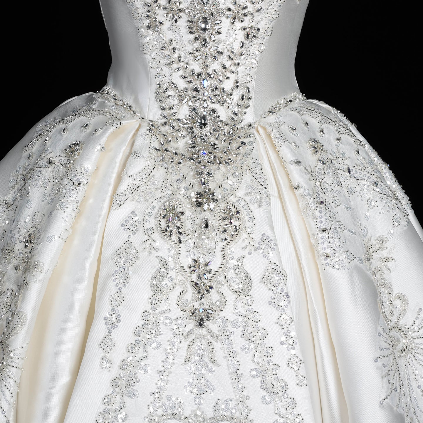 Strapless Ivory Satin Princess Ball Gown Wedding Dress with Heavy Beading and Long Train SW676 Sheer Fairy