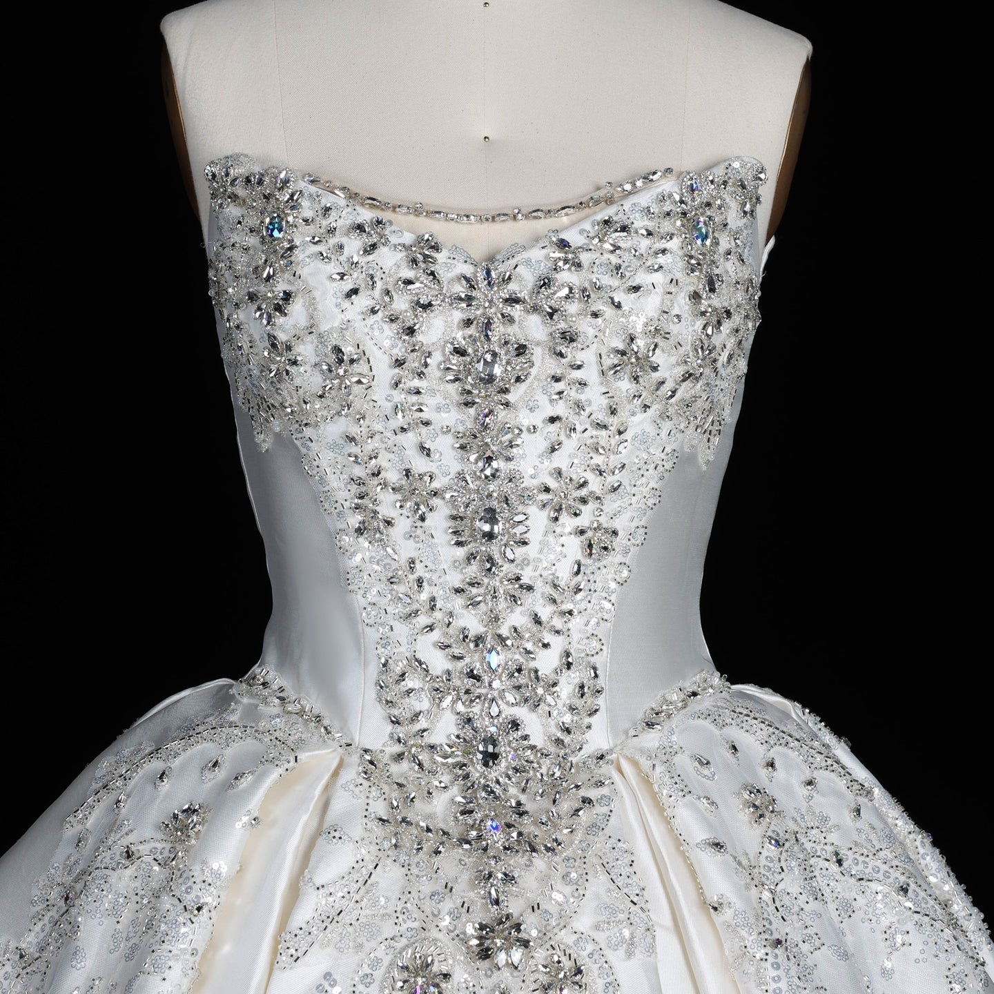 Strapless Ivory Satin Princess Ball Gown Wedding Dress with Heavy Beading and Long Train SW676 Sheer Fairy