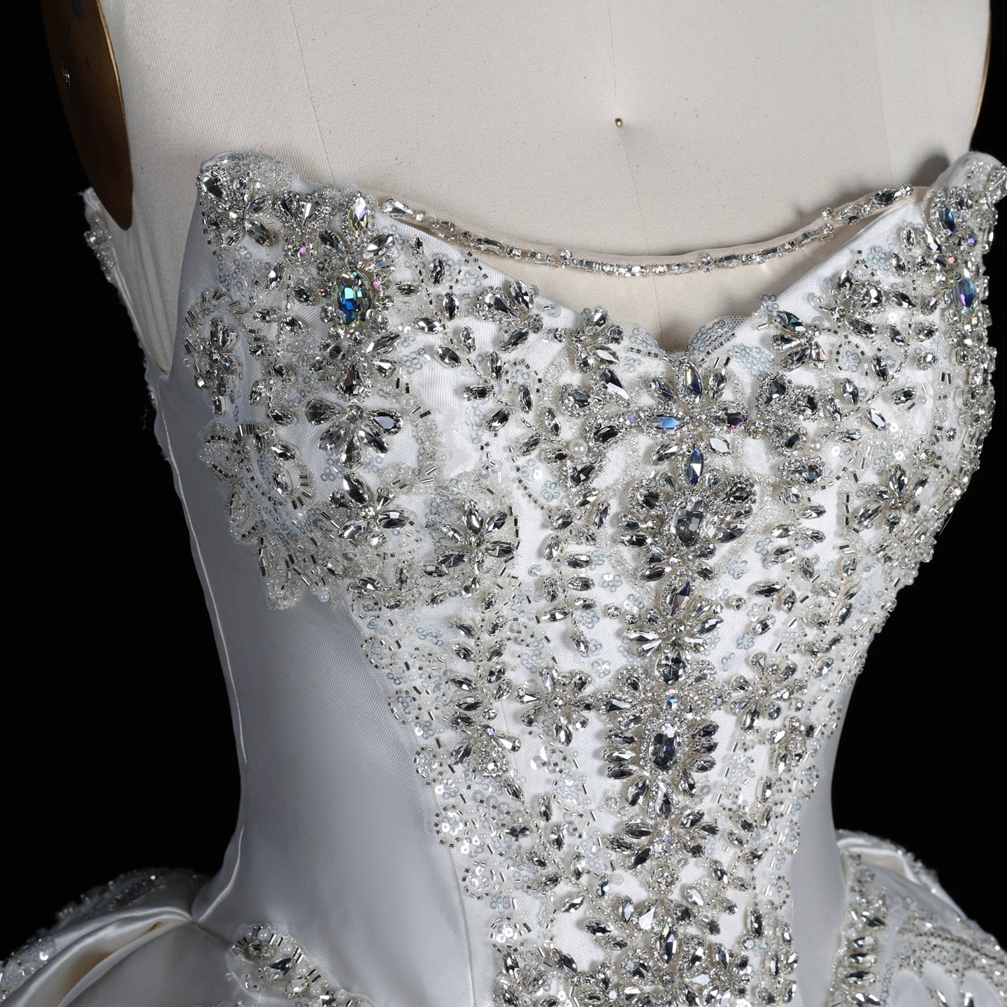 Strapless Ivory Satin Princess Ball Gown Wedding Dress with Heavy Beading and Long Train SW676 Sheer Fairy