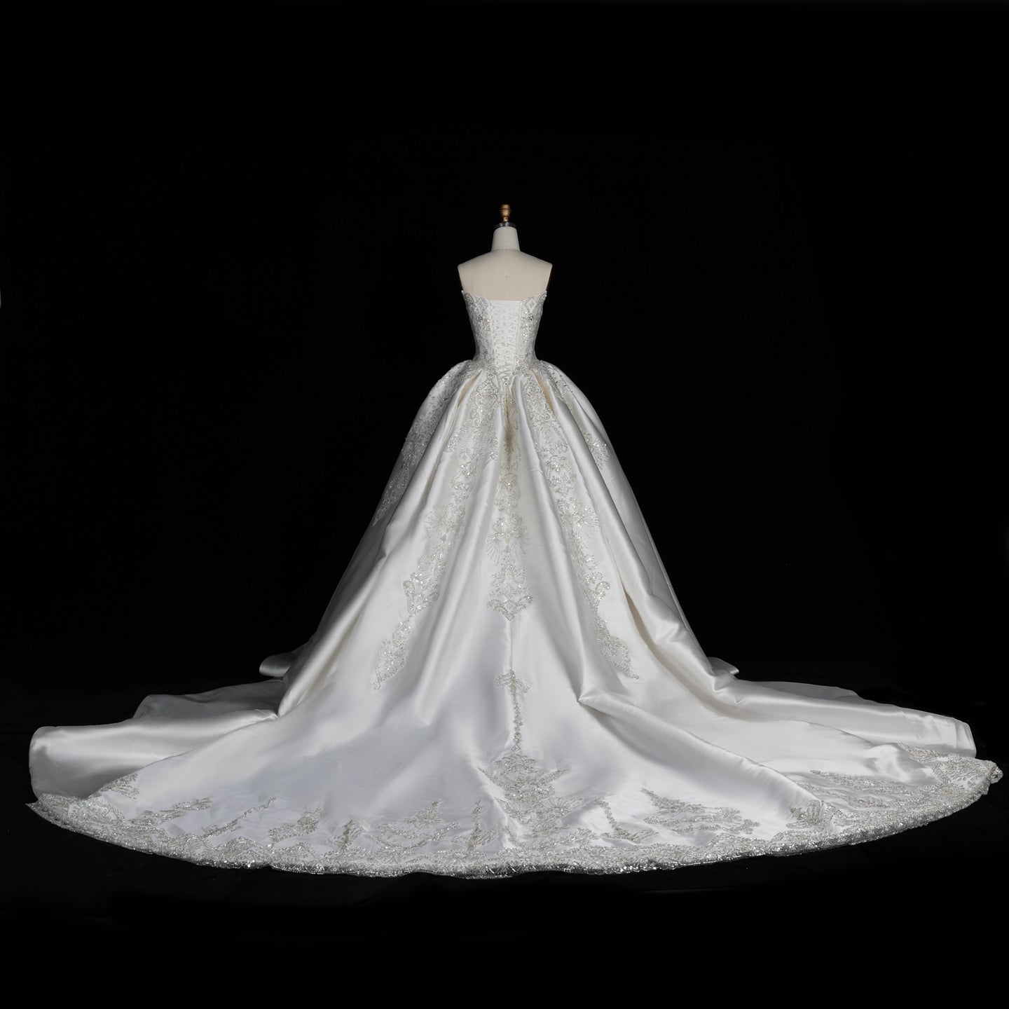 Strapless Ivory Satin Princess Ball Gown Wedding Dress with Heavy Beading and Long Train SW676 Sheer Fairy
