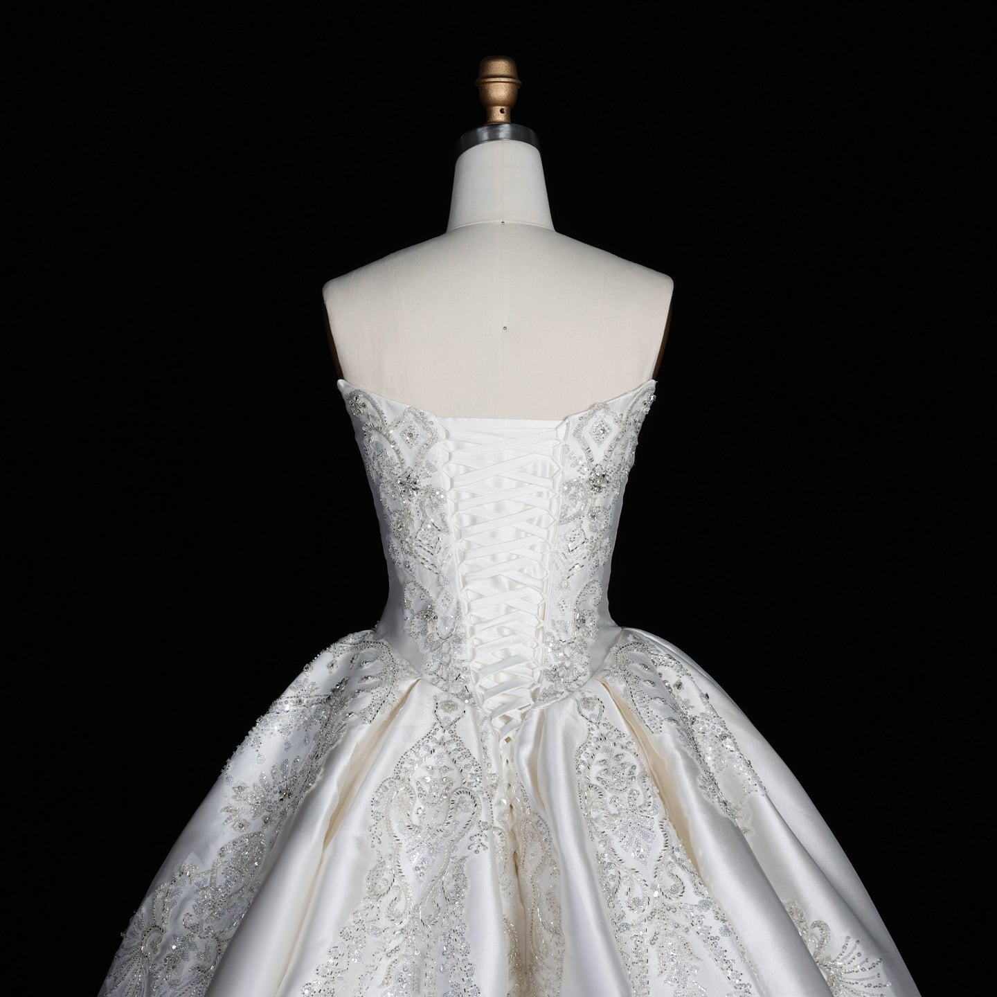 Strapless Ivory Satin Princess Ball Gown Wedding Dress with Heavy Beading and Long Train SW676 Sheer Fairy