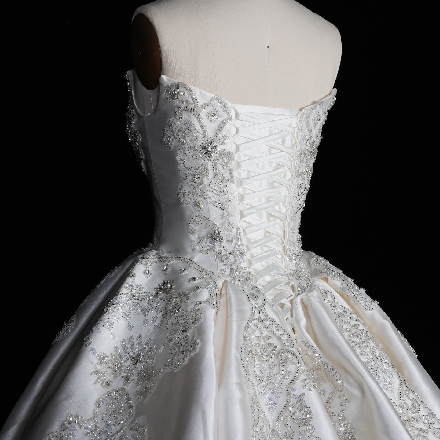 Strapless Ivory Satin Princess Ball Gown Wedding Dress with Heavy Beading and Long Train SW676 Sheer Fairy