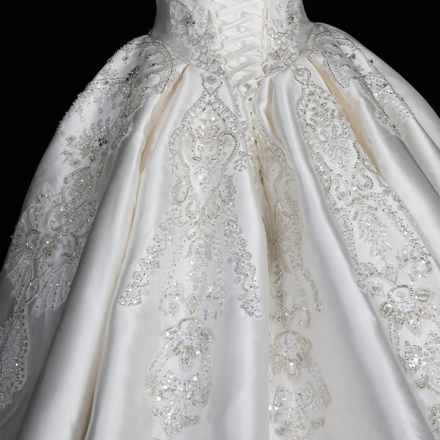 Strapless Ivory Satin Princess Ball Gown Wedding Dress with Heavy Beading and Long Train SW676 Sheer Fairy