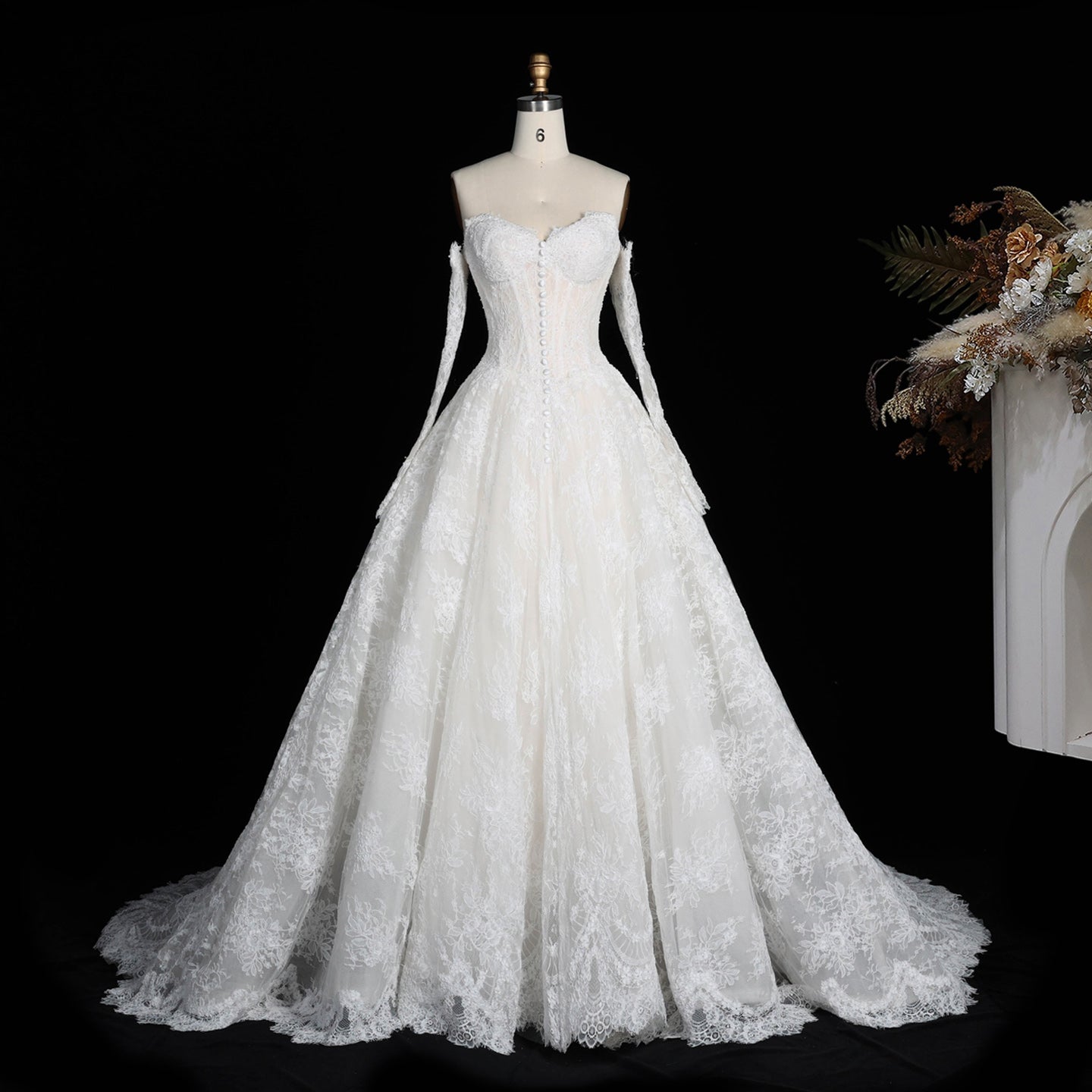 White Full Lace Ball Gown Bridal Dress Sweetheart Neckline with Matching Long Sleeves SW677 Sheer Fairy